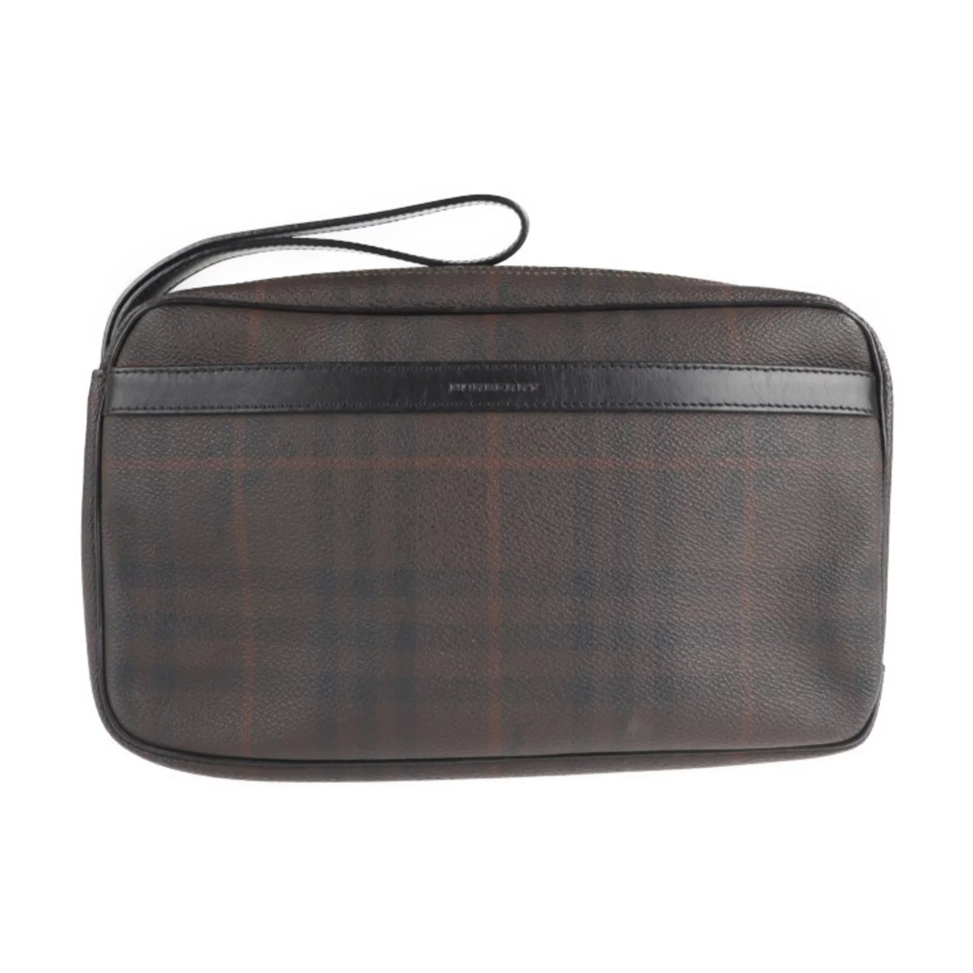 Pre-Owned  Burberry Second Bag  Leather Dark Brown Plaid Clutch (Good)