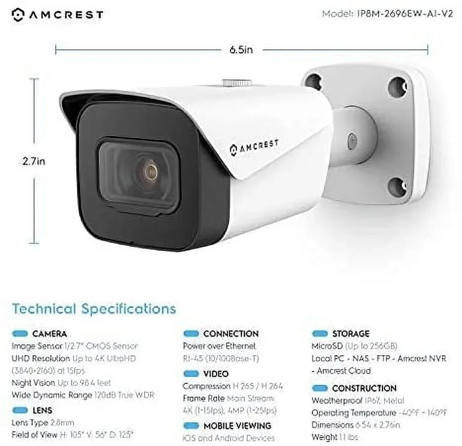 2-Pack Amcrest UltraHD 4K (8MP) Bullet   Camera, 3840x2160, 131ft NightVision, 2.8mm Lens,  Weatherproof, MicroSD Recording, White (2PACK--2496EW)