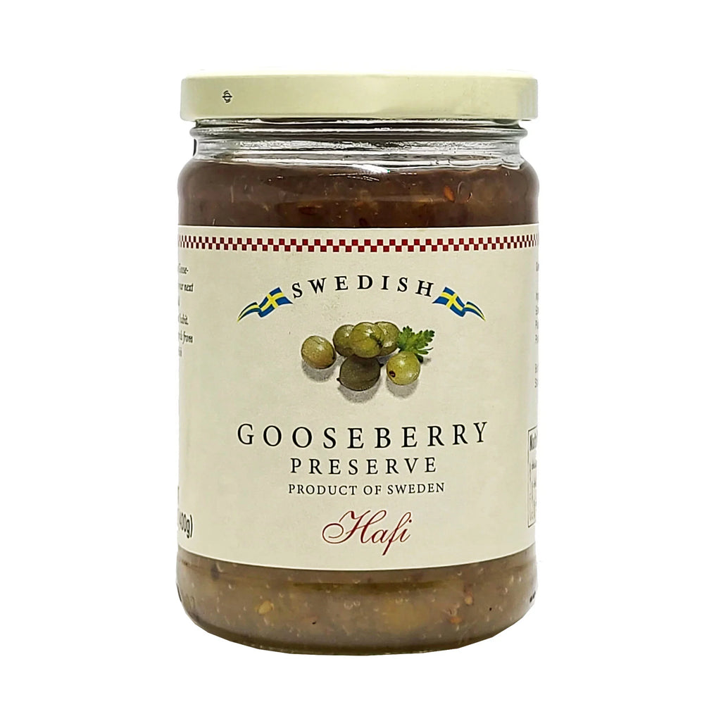 Combo Pack of Hafi Swedish Gooseberry & Swedish Blueberry Preserves 14.1 Oz. (400 ml) Each with Bonus Modern Stainless Steel Spoon (3-Pc Set)