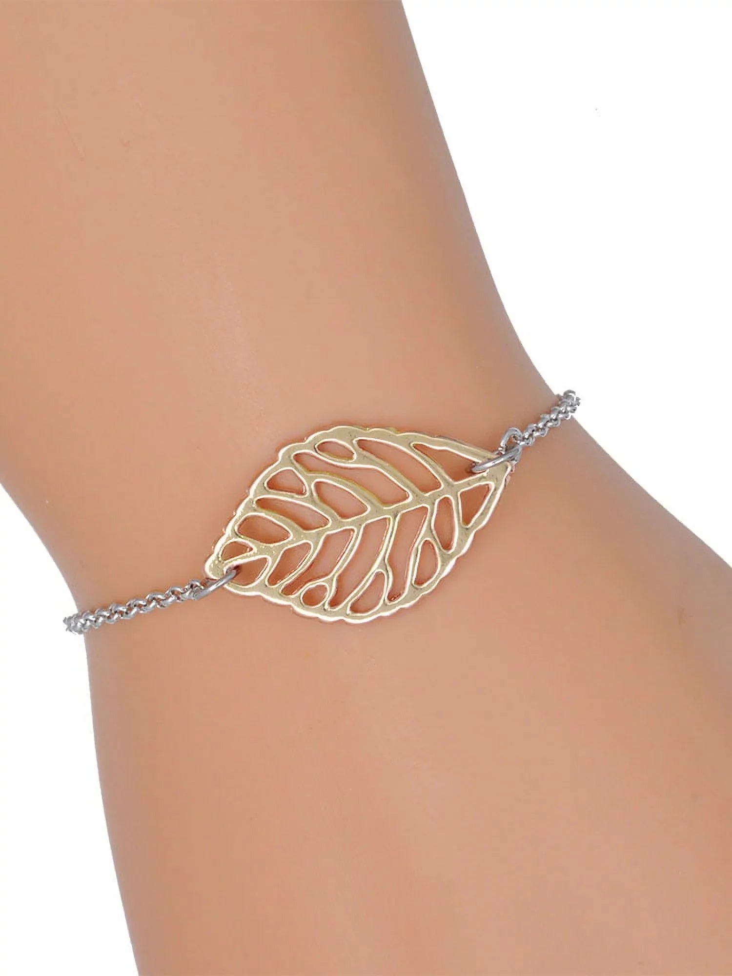 Delight Jewelry Silvertone Mini Green Four Leaf Clover with Heart Leaves - Goldtone Leaf Delicate Bracelet, 6.25+1.75"
