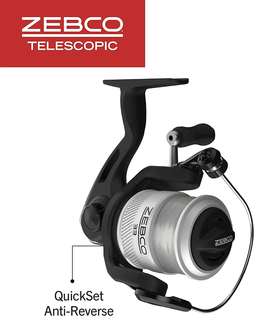 Zebco 33 Spinning Reel and Telescopic Fishing Rod Combo, 6-Foot Rod, Size 30 Reel, Silver/Black