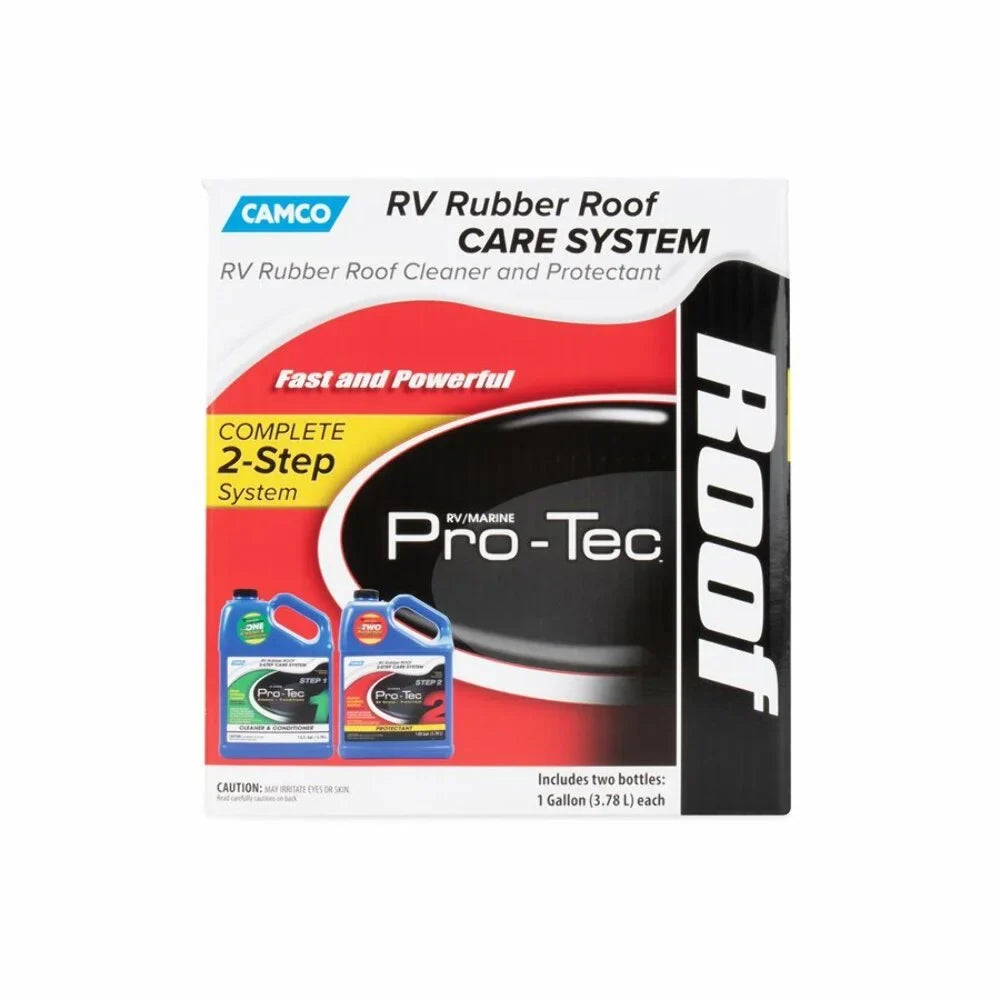 Camco Pro-Tec Camper/ Rubber Roof Care System | Two Step Treatment Rids Dirt/Grime & Reduces Roof Chalking | Extends the Life of  & Trailer Rubber Roofs - 2 Gallons (41453)
