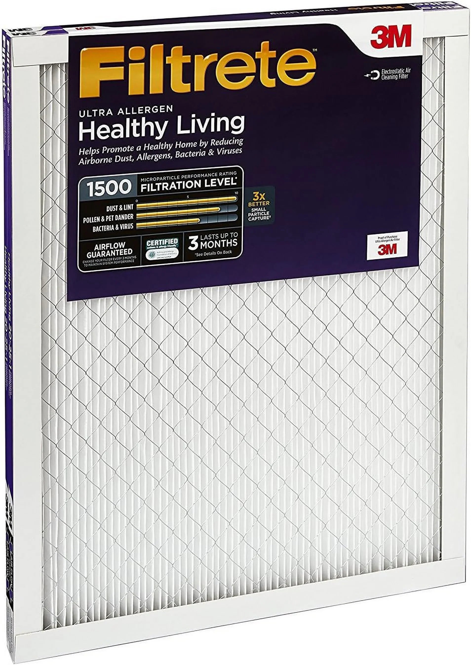Filtrete 16x24x1 Air Filter,  1500,  12, Healthy Living Ultra-Allergen 3-Month Pleated 1-Inch Air Filters, 2 Filters