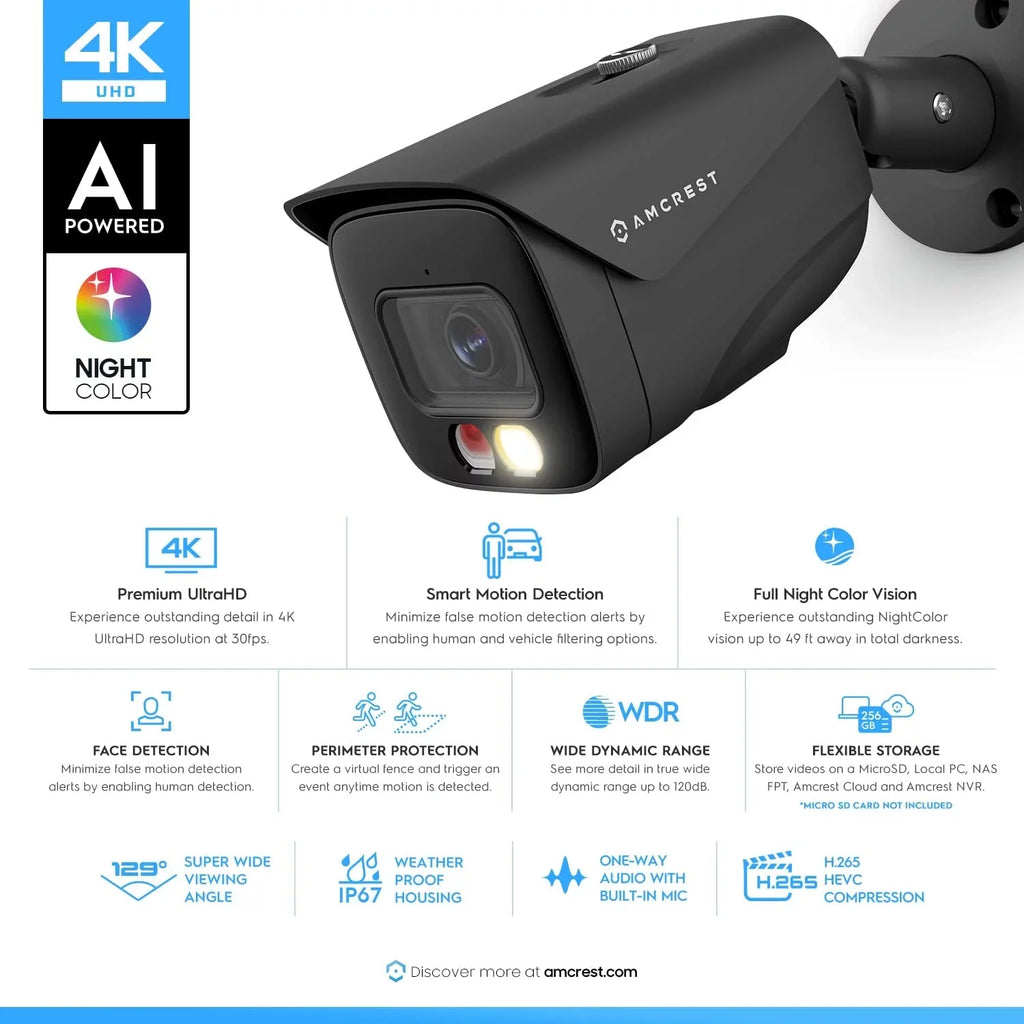 Amcrest 4K  PoE  Camera UltraHD 8MP Security Outdoor Camera,  129°, 49ft Color Nightvision, Human & Vehicle Detection,  Weatherproof, 4K (3840x2160) @15fps, Black, -2796EB-