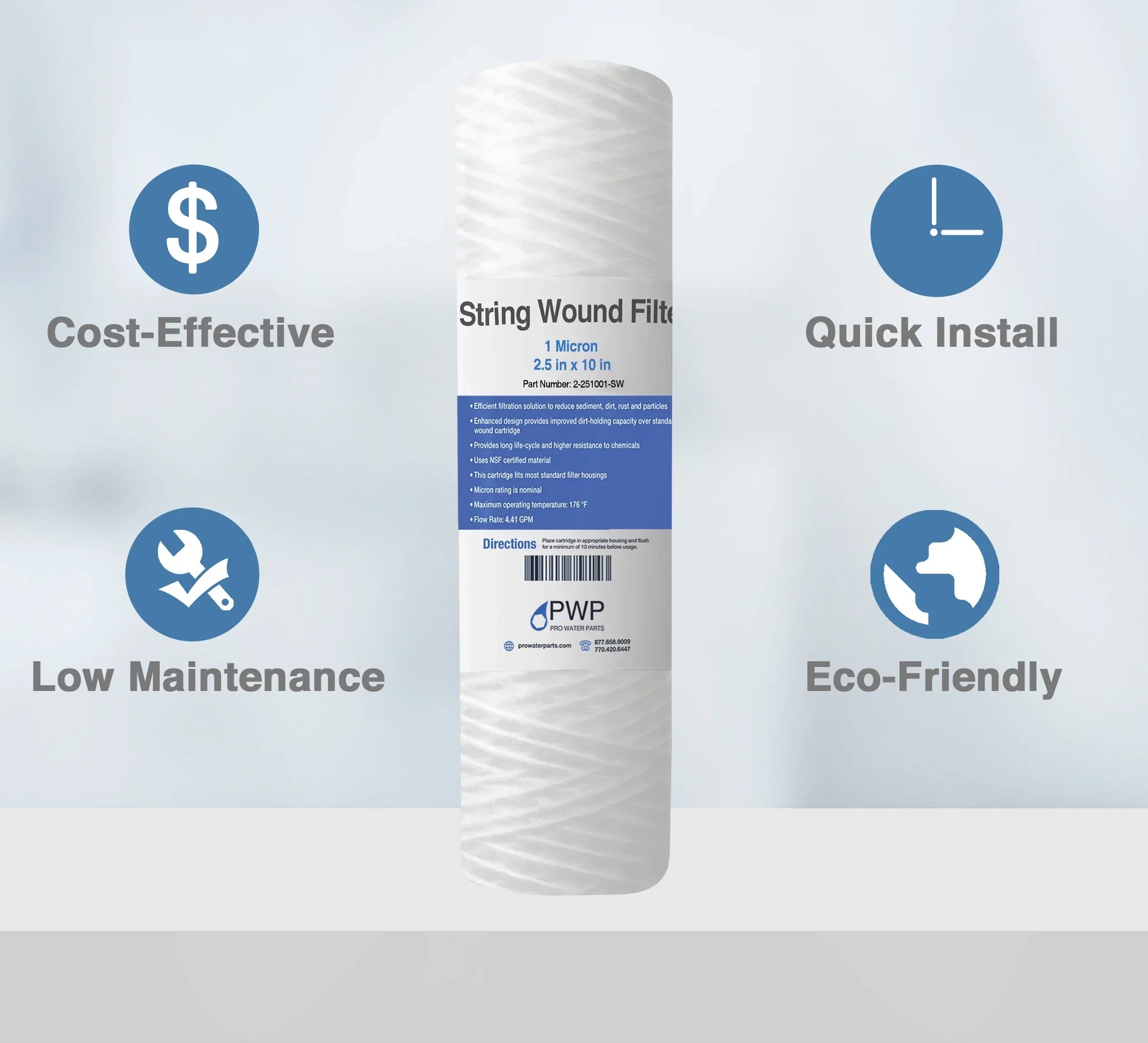 String Wound Sediment Water Filter Cartridge Standard 2.5x10" 1 Micron 50 Pack