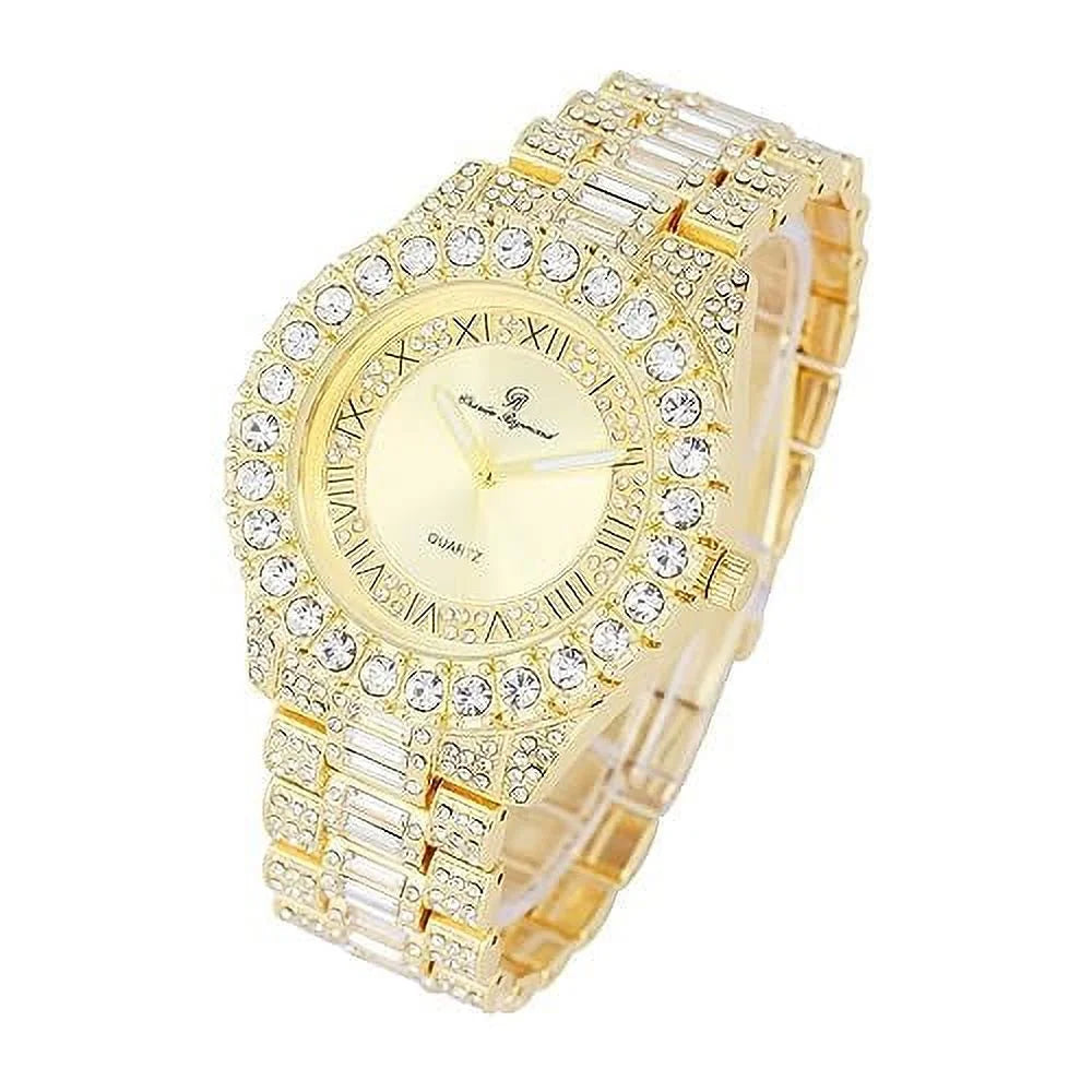 Big Rocks Fully Iced Out Diamond Mens Watch w/Easy Read Date & Day - Designer Hip Hop Blinged Out Timepiece -  (- Gold -)