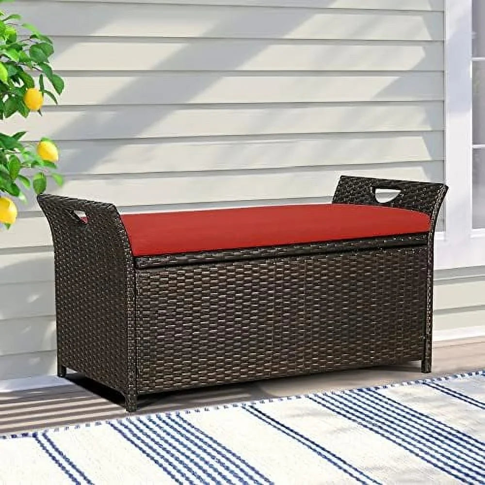 Outdoor Deck  Box  Patio Wicker  Bench  Rattan  Bins with Cushion (Red)