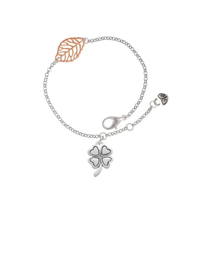 Delight Jewelry Silvertone Antiqued Four Leaf Clover - Rose Goldtone Leaf Delicate Bracelet, 6.25+1.75"