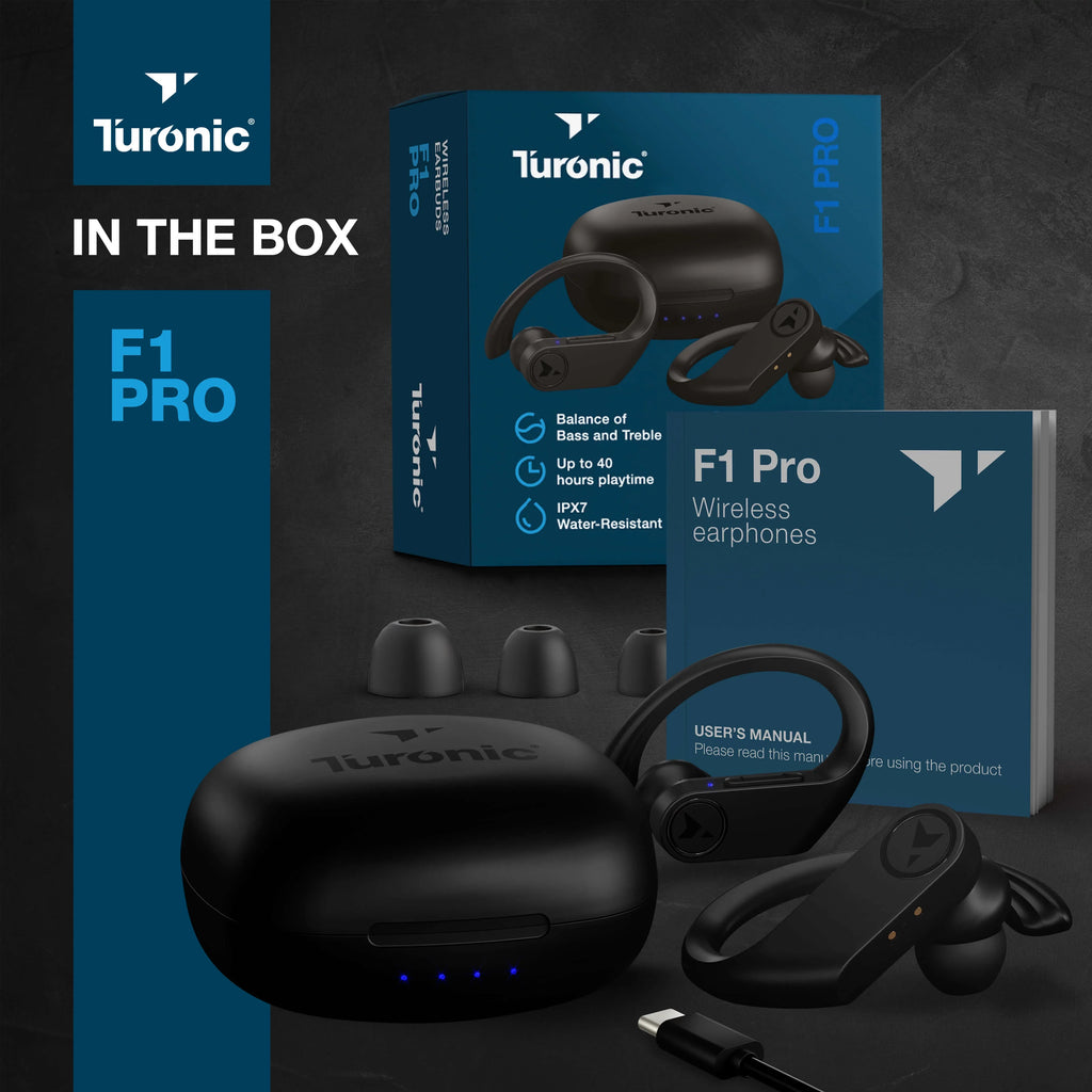 Turonic  Pro - True Wireless Earbuds - 45H Playtime, Charging case, Mic,  Waterproof Bluetooth Headphones w/Microphone - Sport Wireless Earphones with Earhook for Gym, Running, Workout - Black