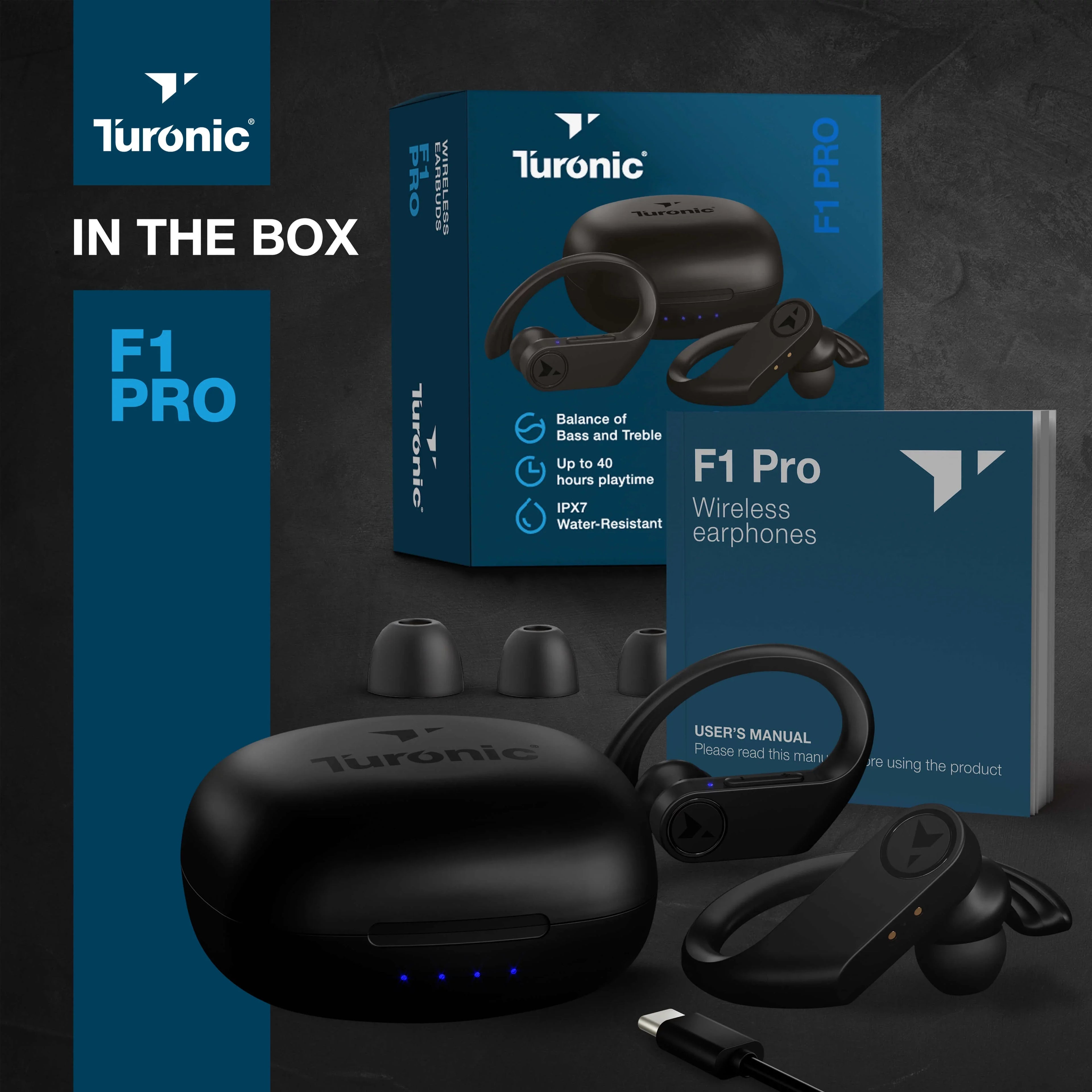 Turonic  Pro - True Wireless Earbuds - 45H Playtime, Charging case, Mic,  Waterproof Bluetooth Headphones w/Microphone - Sport Wireless Earphones with Earhook for Gym, Running, Workout - Black