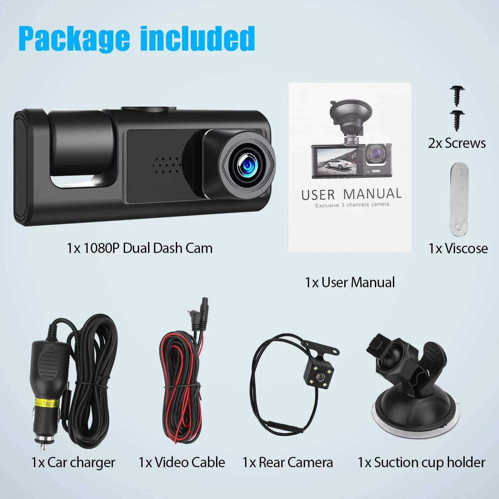 3 Channel Dash Cam Front and Rear Inside /32GB  Card, Full  1080P Dash Camera for Cars, Dashcam Three Way Triple Car Camera / Night Vision, Loop Recording, -Sensor, Parking Monitor