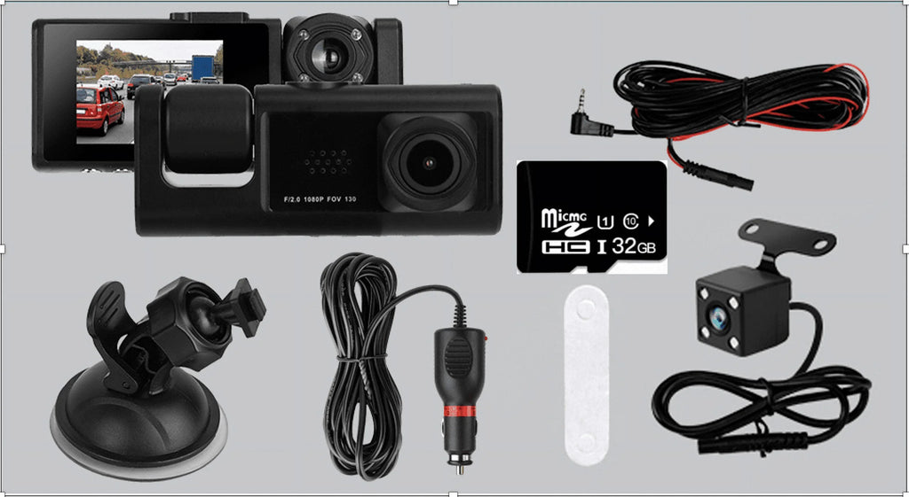 3 Channel Dash cam, 2-inch Screen Driving Recorder, High-Definition 1080P, Night Vision, Loop recording, Motion Detection, -Sensor +32   Card