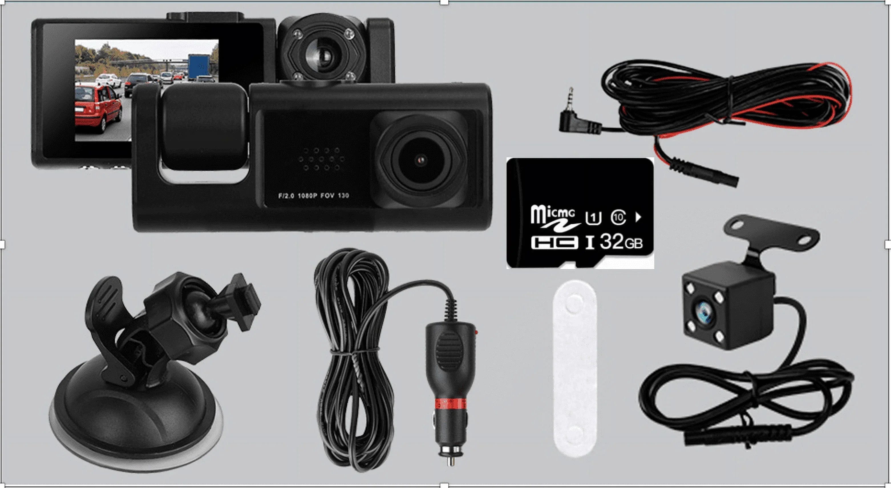 3 Channel Dash cam, 2-inch Screen Driving Recorder, High-Definition 1080P, Night Vision, Loop recording, Motion Detection, -Sensor +32   Card