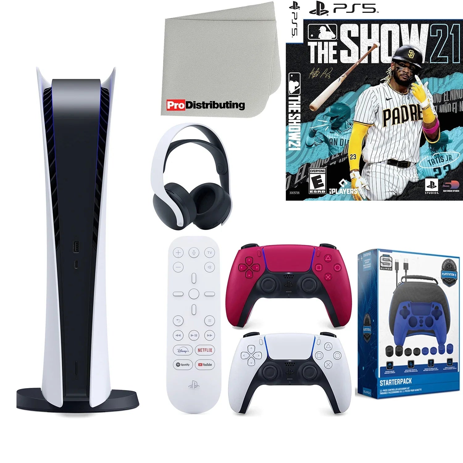 Sony Playstation 5 Digital Version (Sony  Digital) with Cosmic Red Extra Controller, Headset, Media Remote,  The Show 21, Accessory Starter Kit and Microfiber Cleaning Cloth Bundle