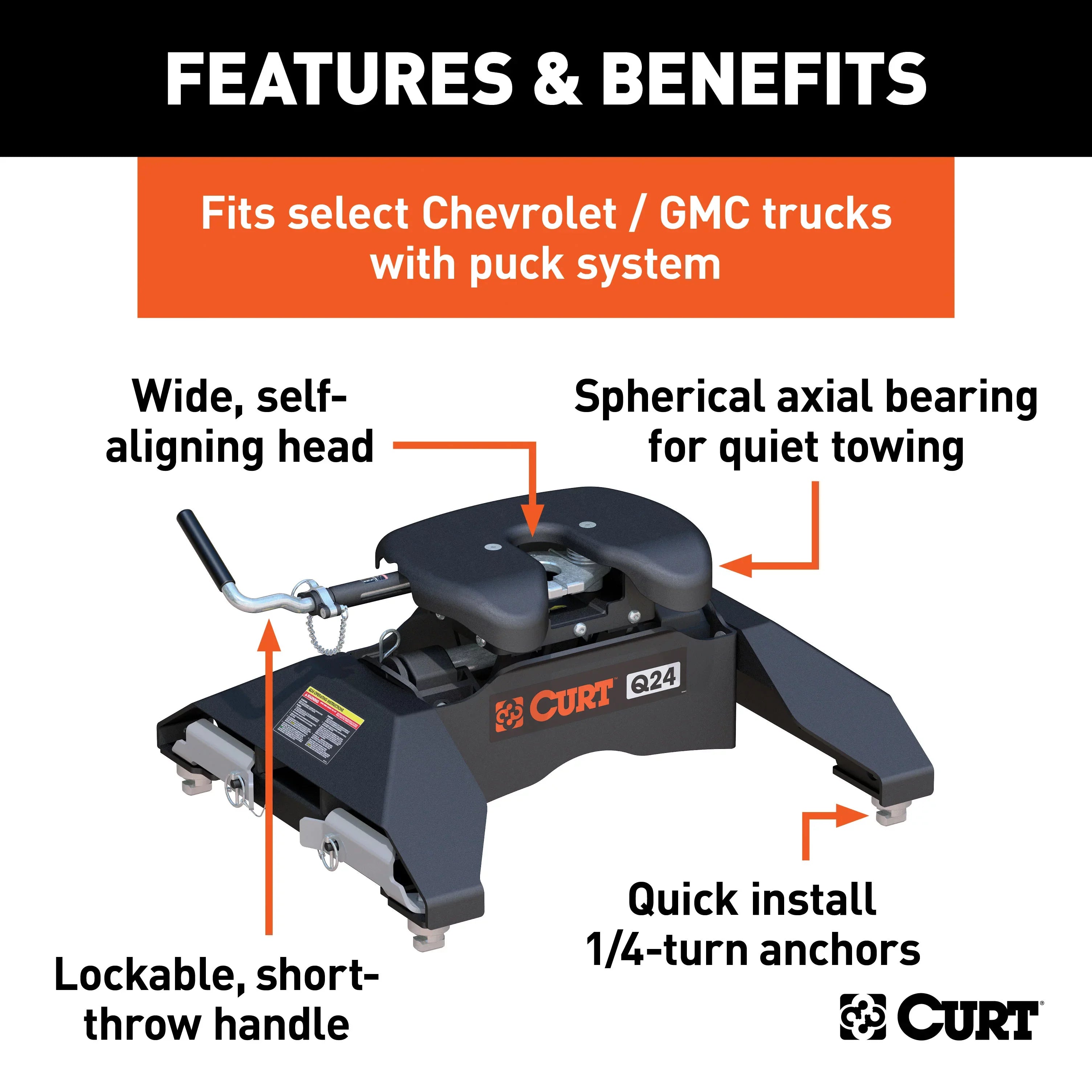 16067  5th Wheel Hitch, 24,000 lbs, Select Chevrolet Silverado,  Sierra 2500, 3500 , 8-Foot Bed Puck System