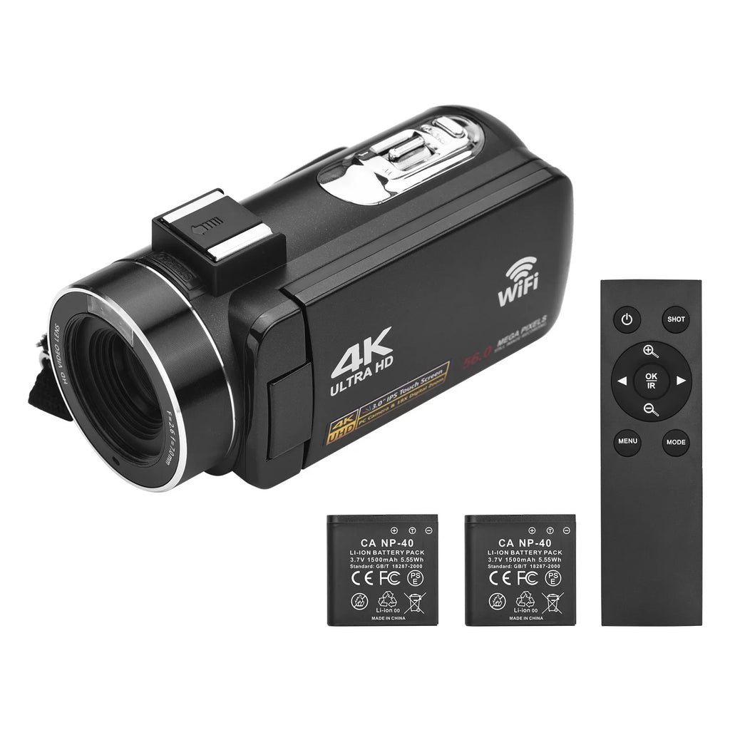 Andoer-2 4K Digital Video Camera WiFi Camcorder  Recorder 56MP 18X Digital Zoom 3.0 Inch  Touchscreen Supports Face Detection  Night Vision -shake with 2pcs Batteries + Remote Control + Carry