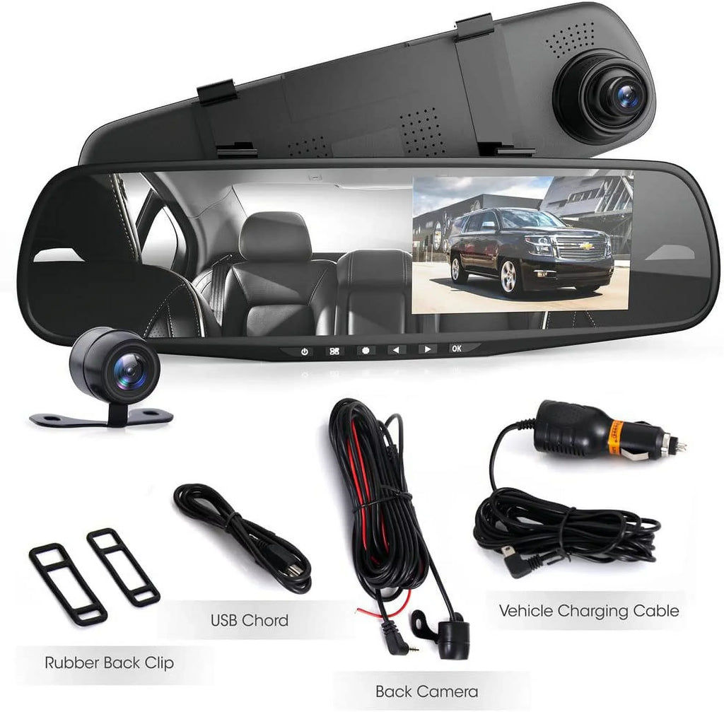 Pyle  1080p 4.3" Dual Camera Dash Cam Vehicle Recording System Rearview Mirror
