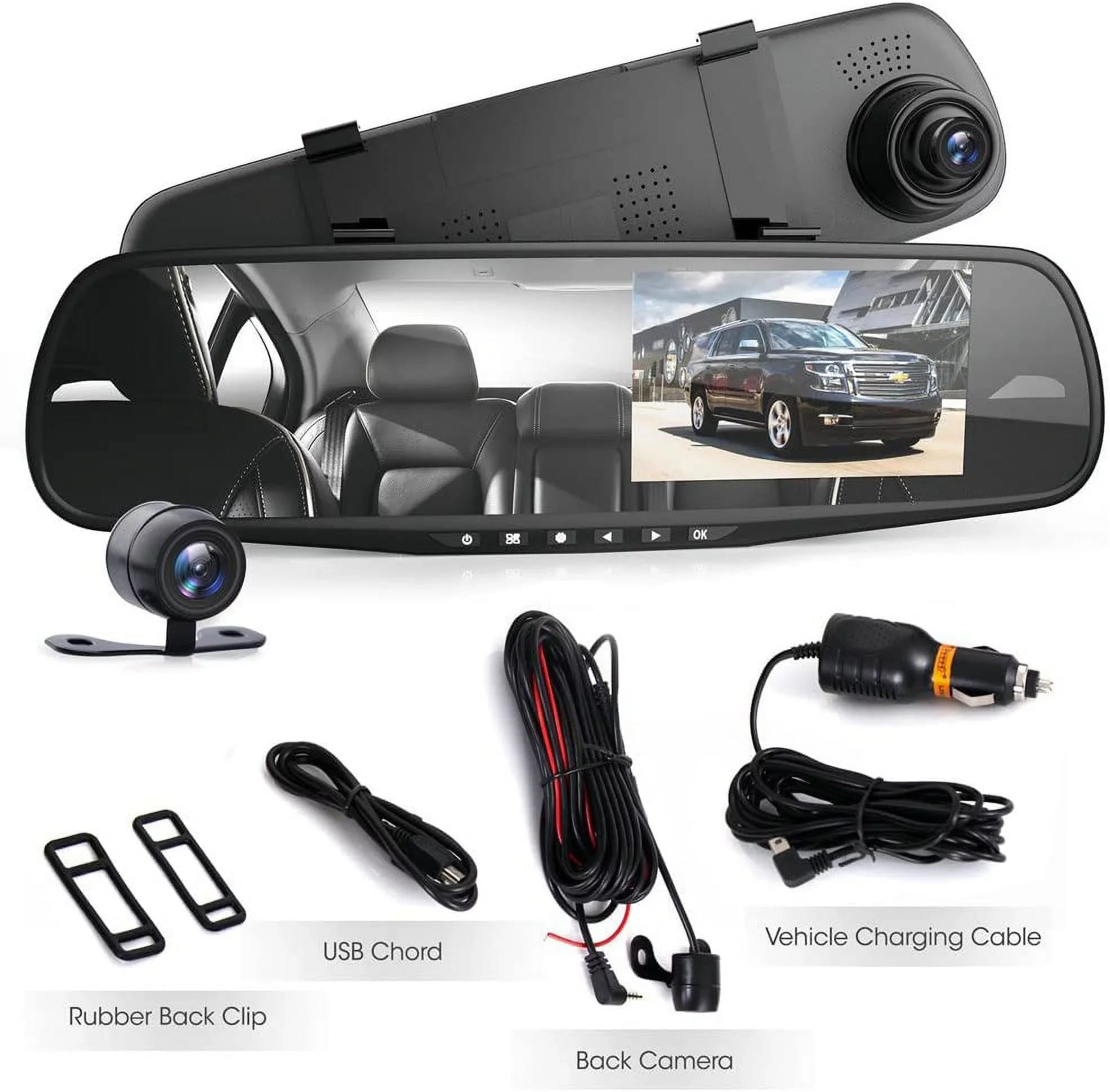 Pyle  1080p 4.3" Dual Camera Dash Cam Vehicle Recording System Rearview Mirror