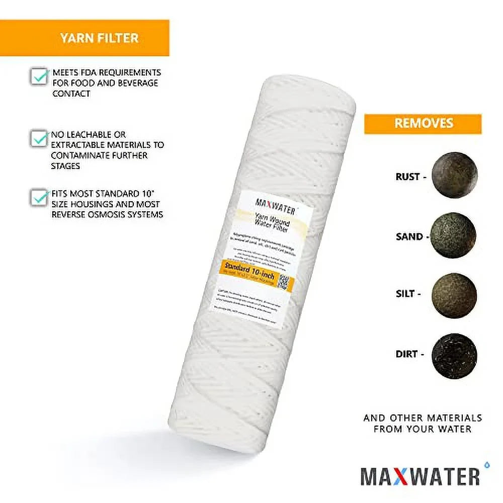 Standard 10".5" String Sediment Water Filter (5 Micron), Hard Well, Whole House,  Biodiesel, Compatible With Standard  Reverse Osmosis Systems,  Systems