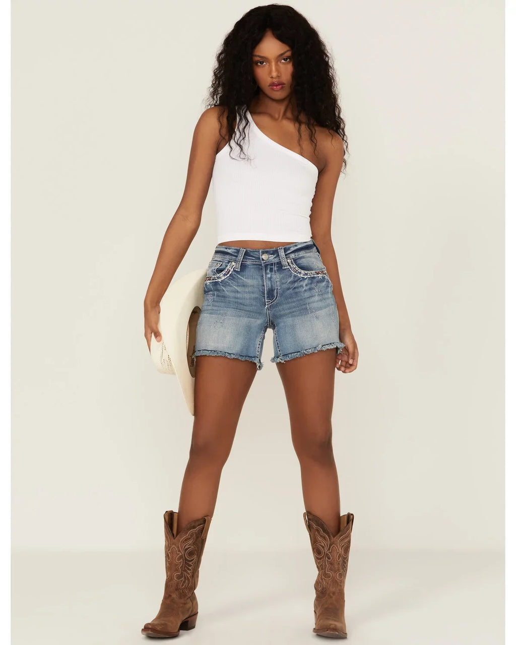 Grace In  Women's Americana Embroidered Distressed Cut-Off Stretch Denim Jean Shorts (26)