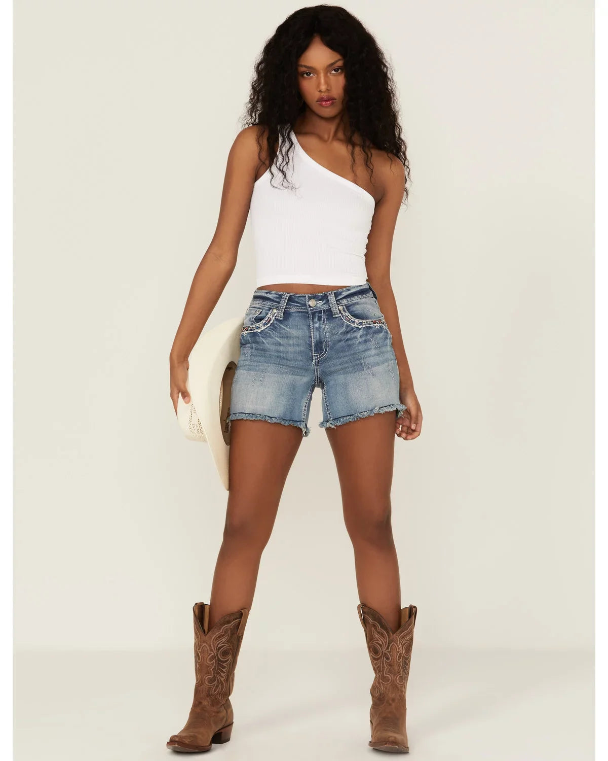 Grace In  Women's Americana Embroidered Distressed Cut-Off Stretch Denim Jean Shorts (26)