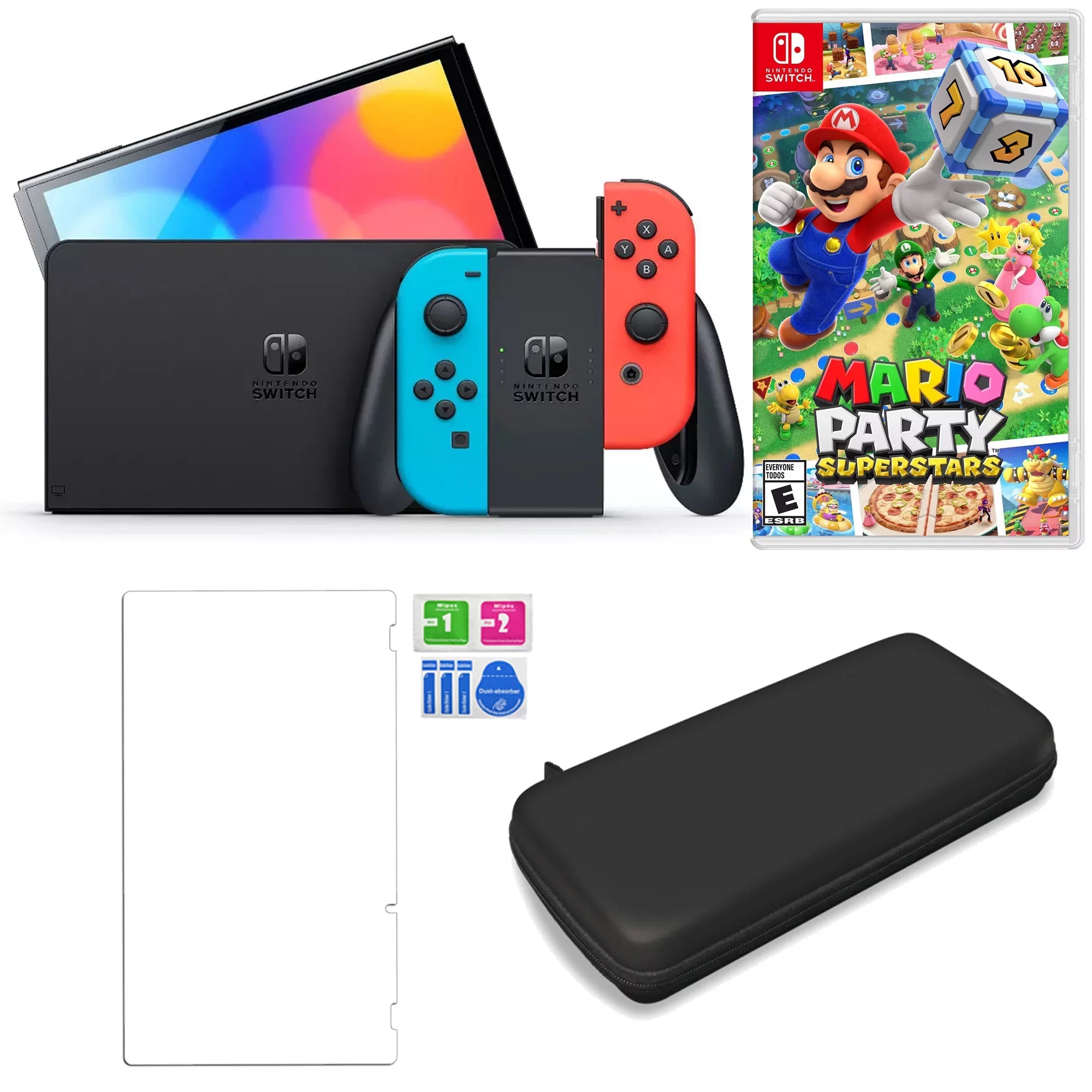 Nintendo Switch  in Neon with Mario Party Superstars and Accessories