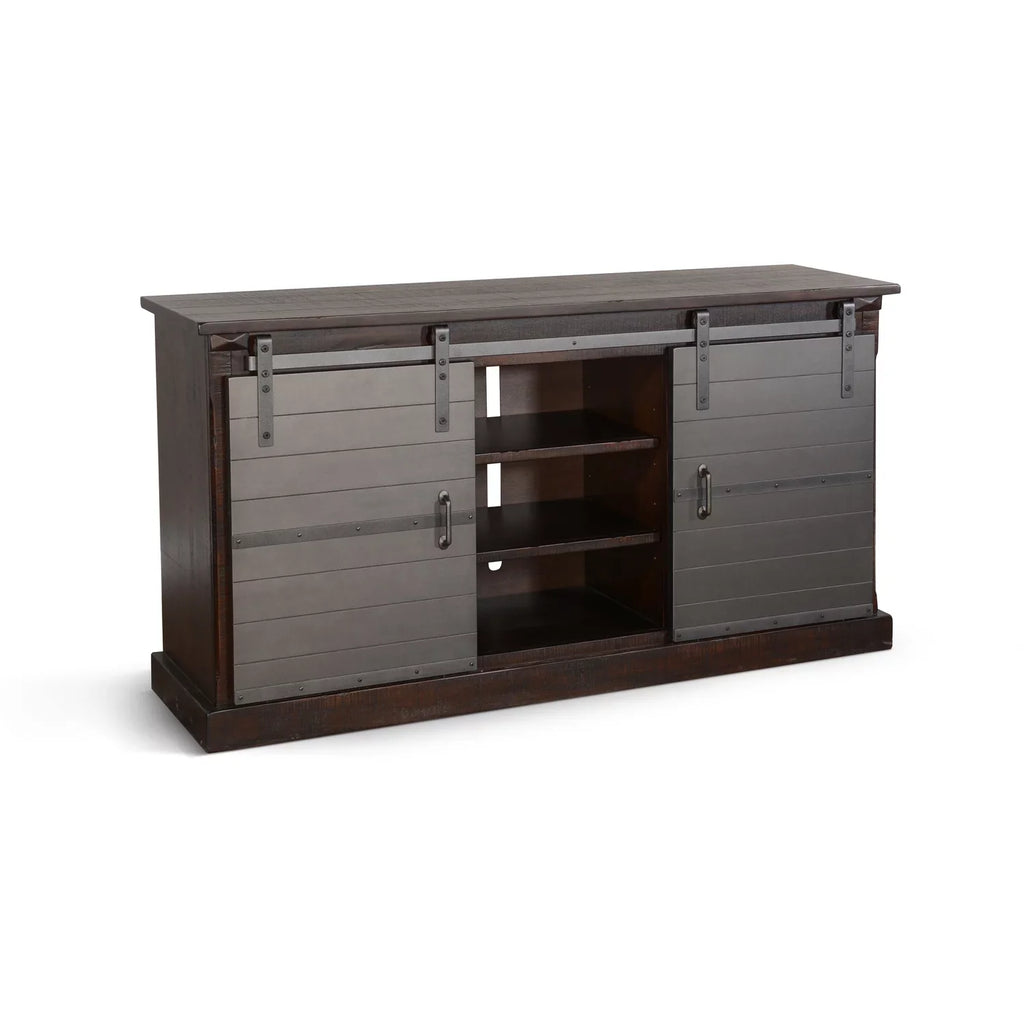 Sunny Designs 65" Barn Door Farmhouse Wood  Console in Charred Oak