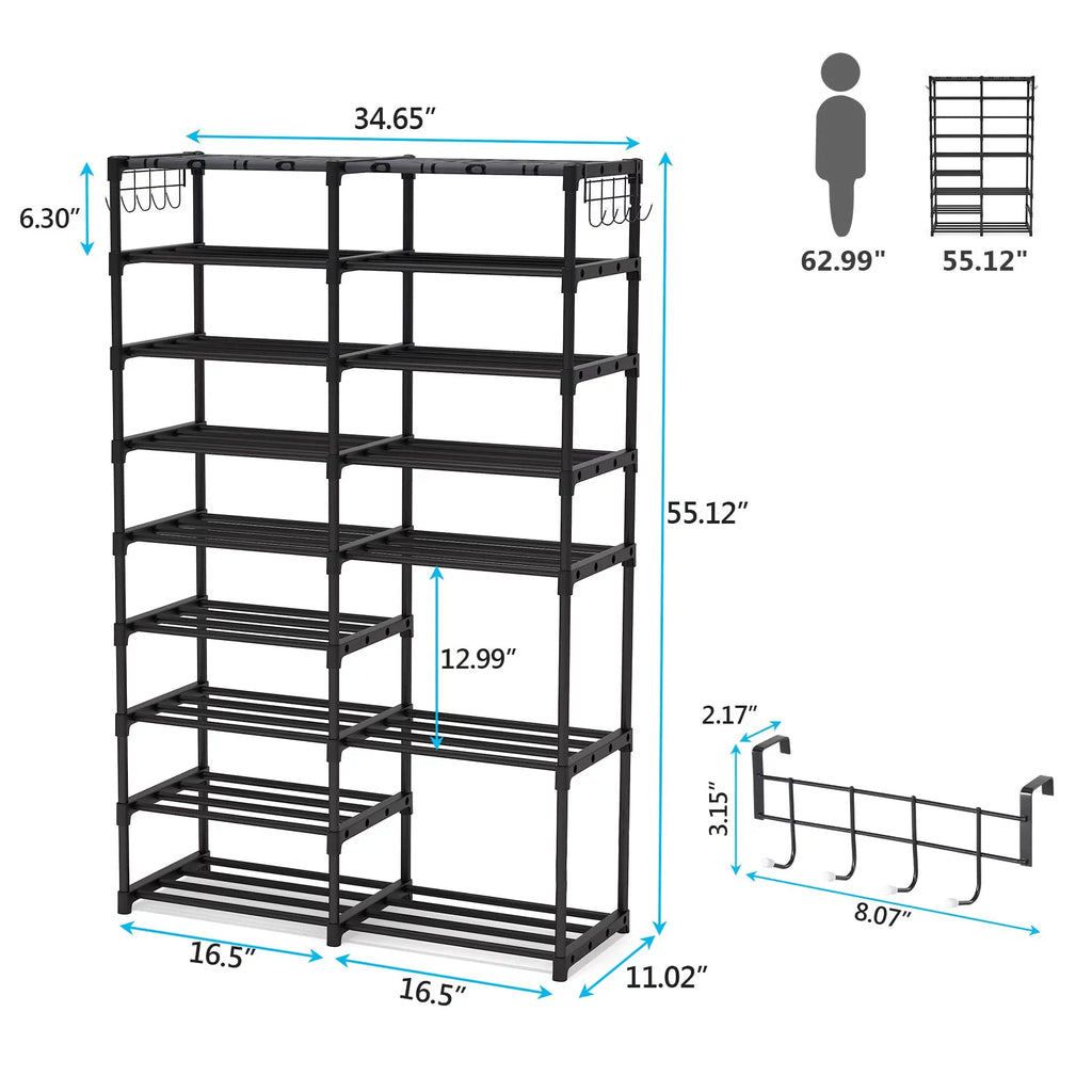 Fiuion Shoe Rack Organizer  9 Tiers Shoe Storage Shelf 32-40 Pairs Shoe Stand for Closet Boot Organizer with 2 Hooks Removable Dustproof Large Stackable Shoe Tower for Shoe Boot Storage, Black