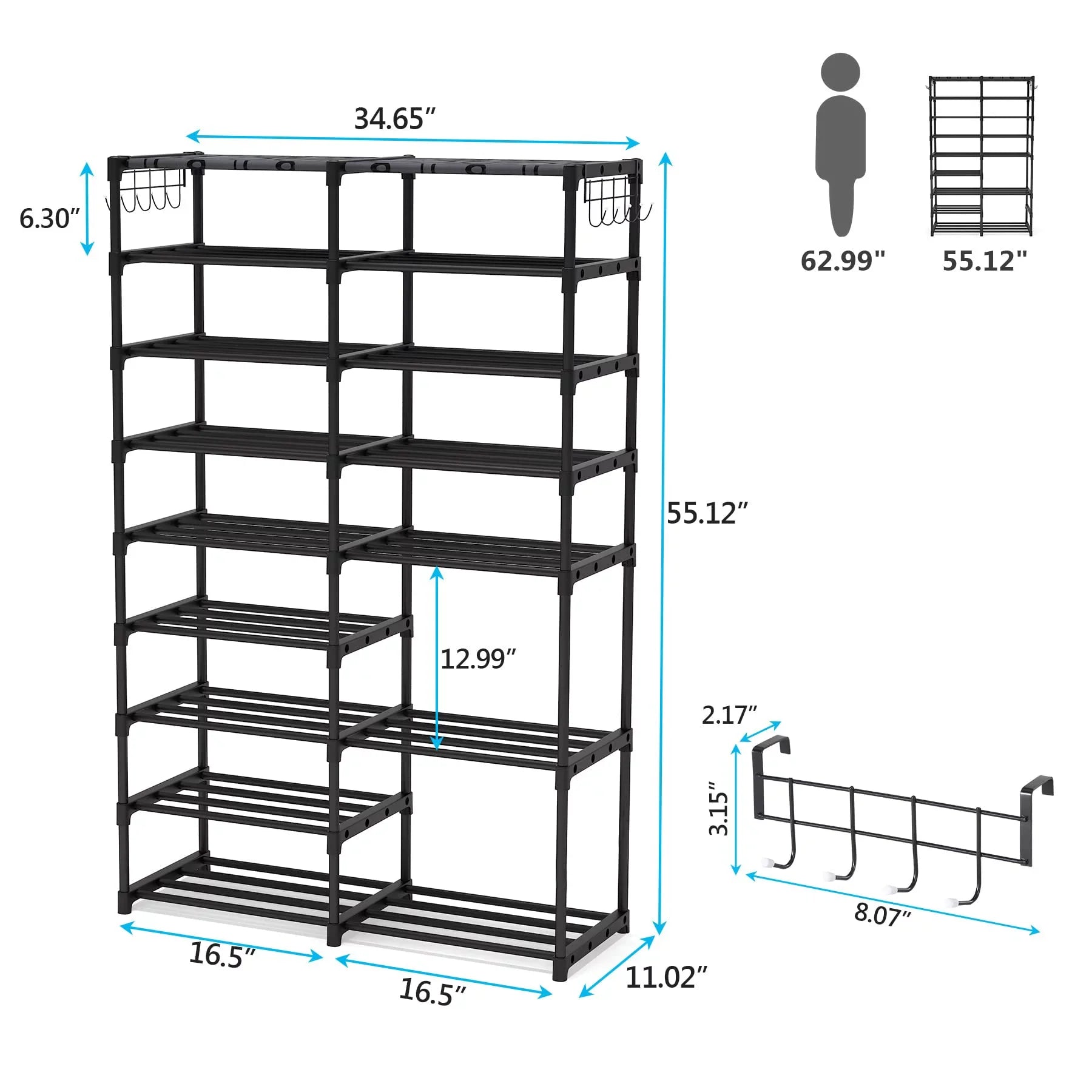 Fiuion Shoe Rack Organizer  9 Tiers Shoe Storage Shelf 32-40 Pairs Shoe Stand for Closet Boot Organizer with 2 Hooks Removable Dustproof Large Stackable Shoe Tower for Shoe Boot Storage, Black