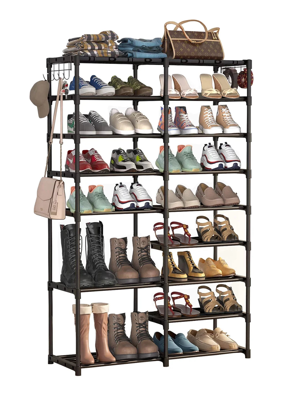 Fiuion Shoe Rack Organizer  9 Tiers Shoe Storage Shelf 32-40 Pairs Shoe Stand for Closet Boot Organizer with 2 Hooks Removable Dustproof Large Stackable Shoe Tower for Shoe Boot Storage, Black
