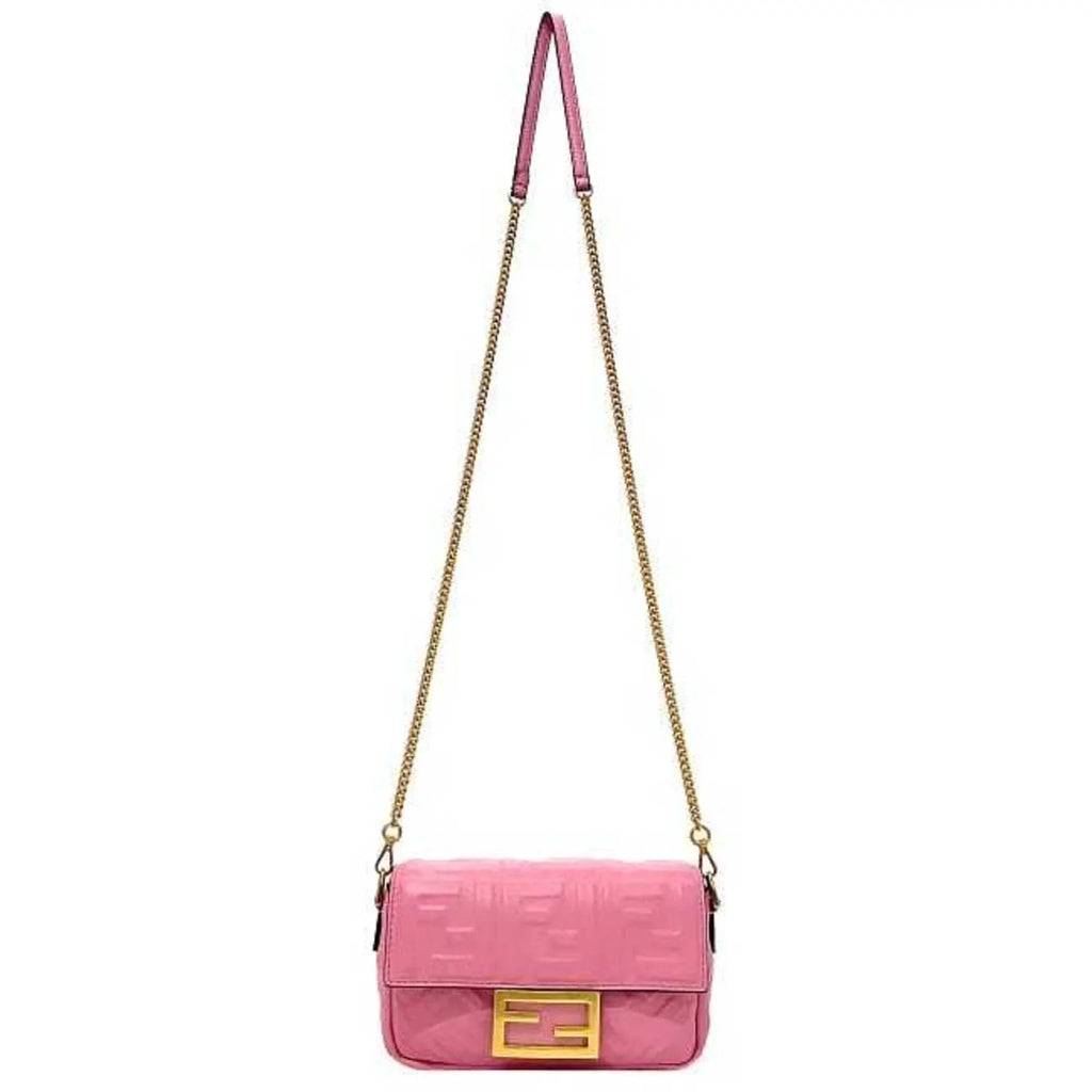 Pre-Owned Fendi Baguette Small Pink Gold 8BS017 Leather   Shoulder Bag  Embossed Ladies Chain (Like New)