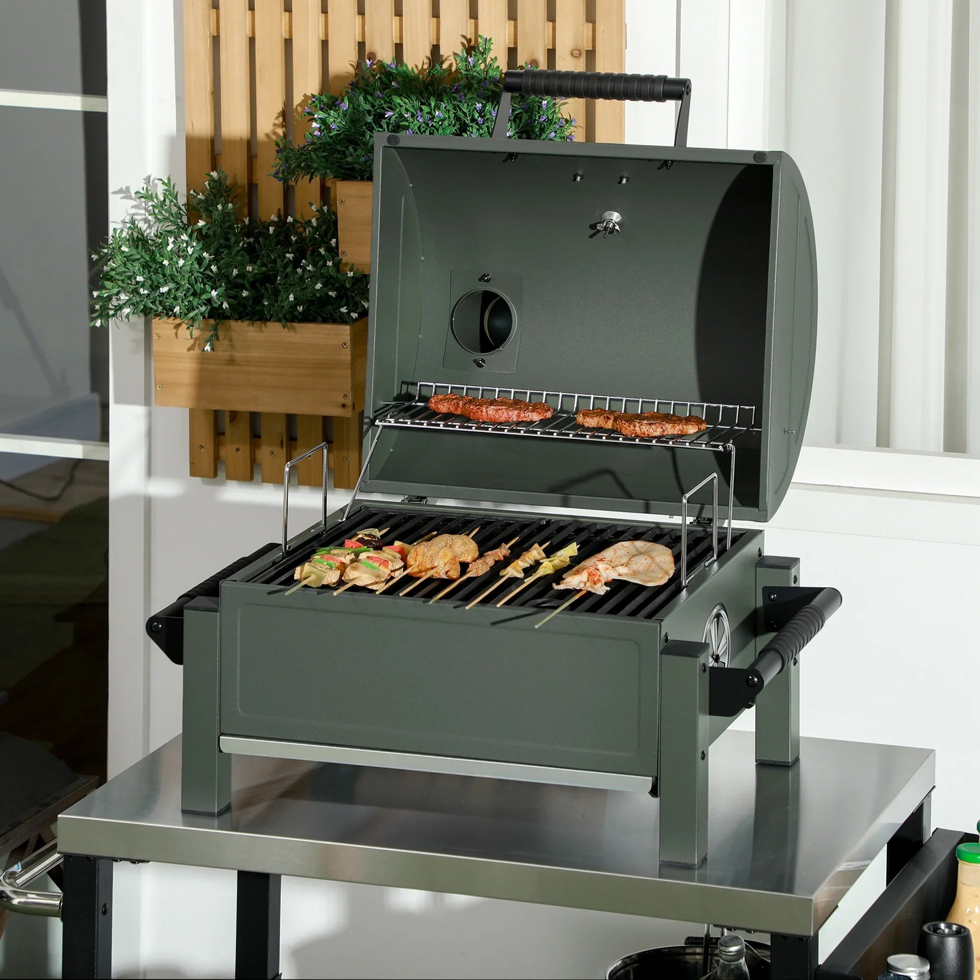 Outsunny Tabletop Charcoal  Grill with Lid, Small Barbecue, Green