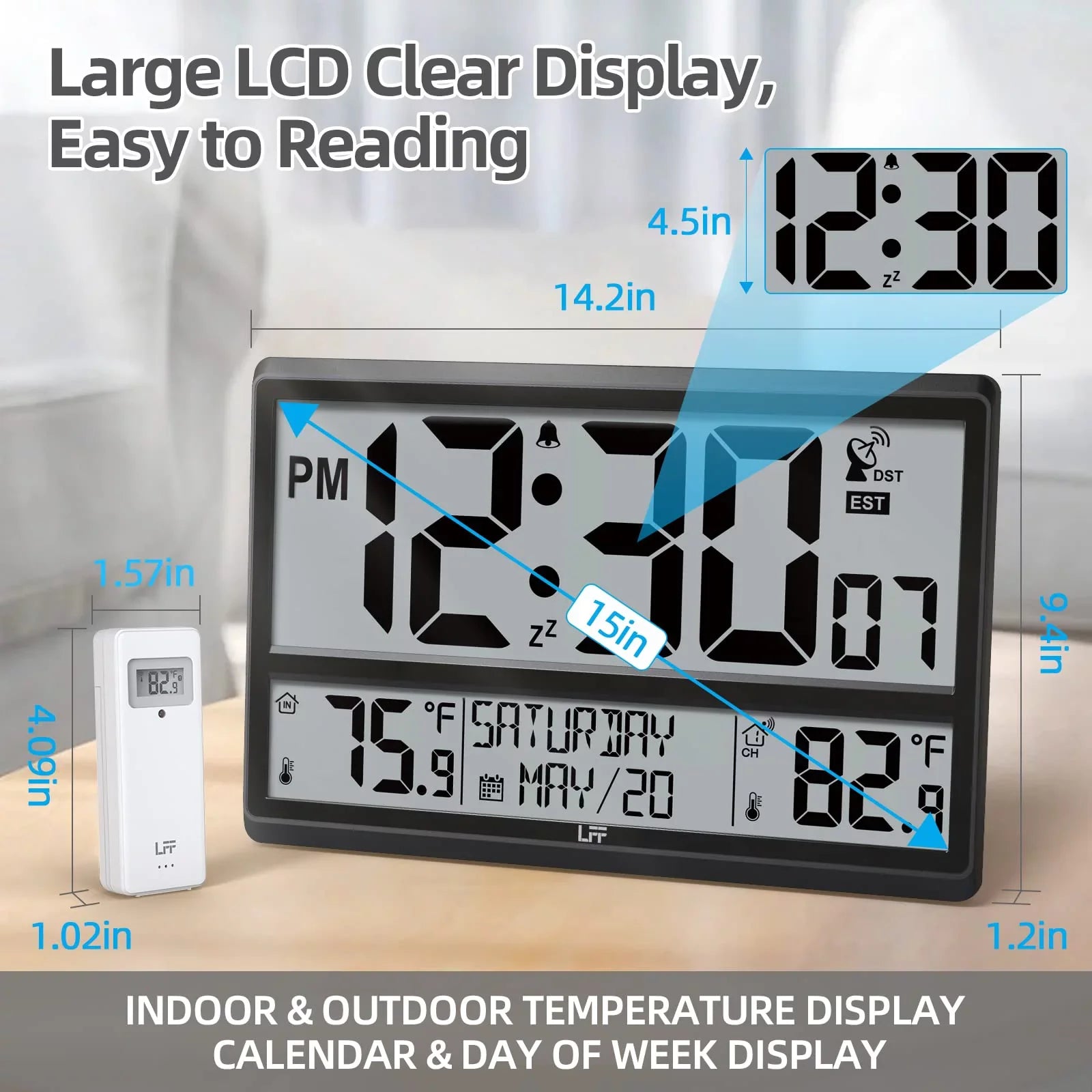 Atomic Clock / Never Needs Setting, Battery Operated, Indoor / Outdoor Temperature, Atomic Wall Clock with 4.5" Numbers Easy-to-Read, 15" Large Digital Wall Clock with Wireless Outdoor Sensor