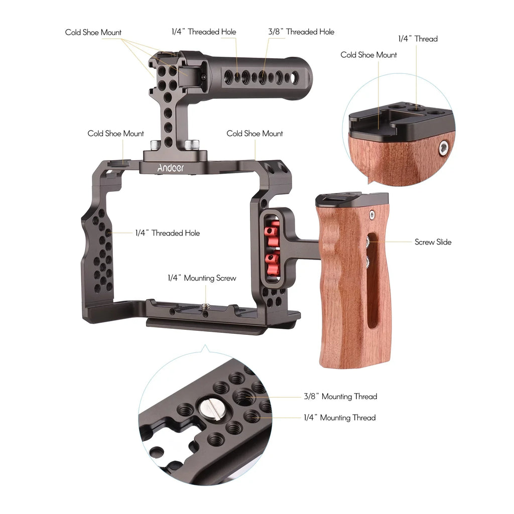 Andoer Aluminum Alloy Camera Cage Kit with Video Rig Handle Wooden Grip Replacement for Sony  /  /