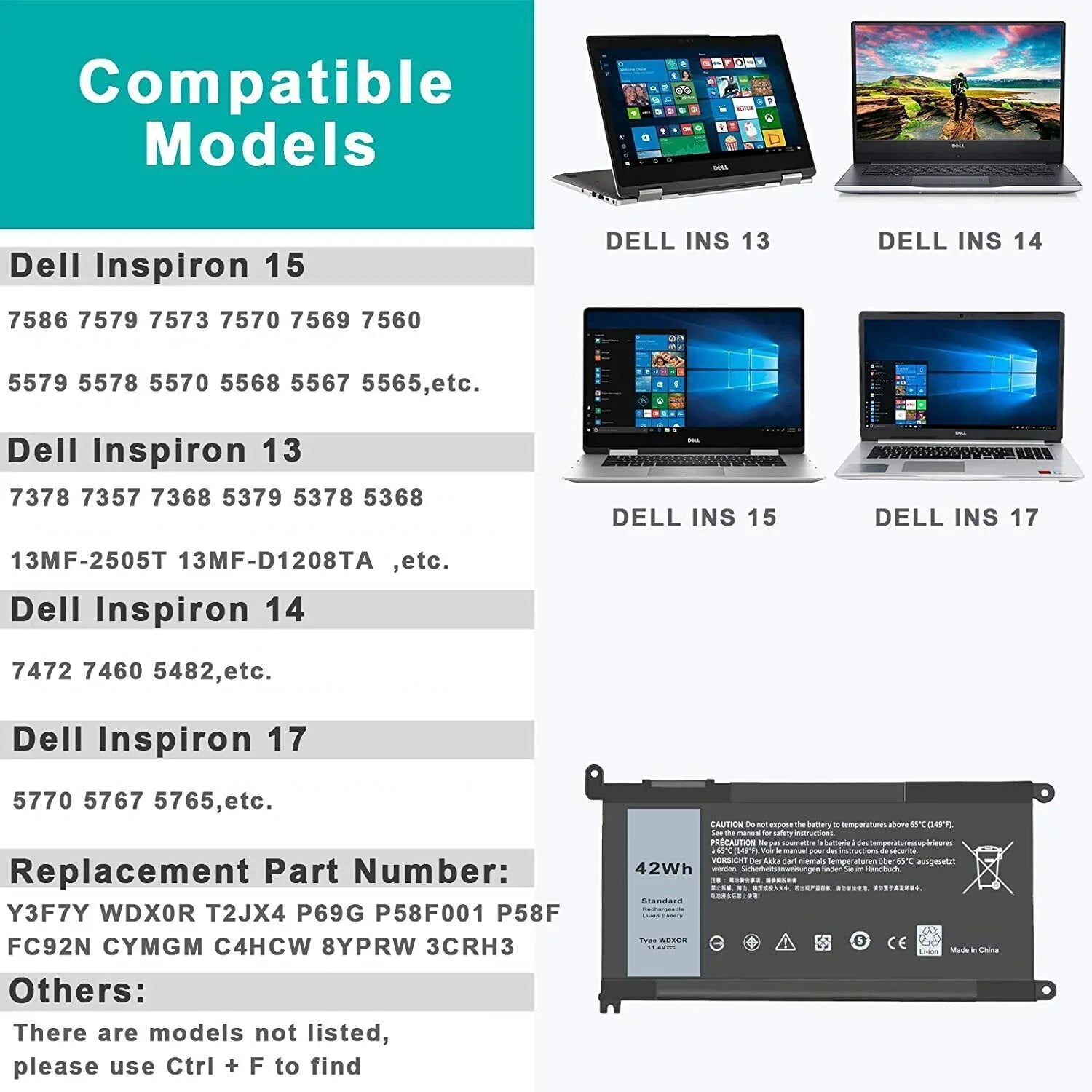 5x Battery  For Dell Inspiron 15 5567 5568 13 5368 7368 7569 7579