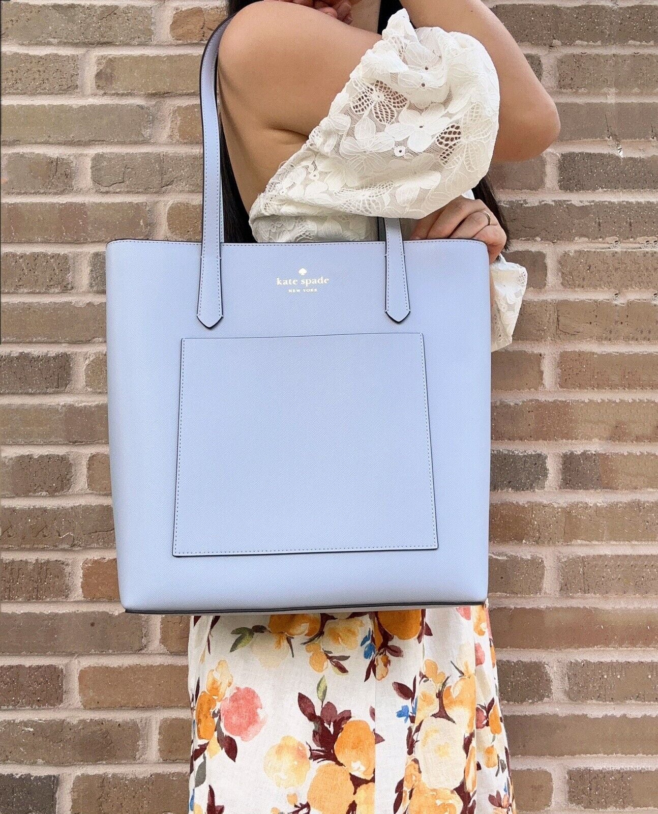 Kate Spade Saffiano  Pale Hydrangea Blue Daily Tote Bag  Front Pocket
