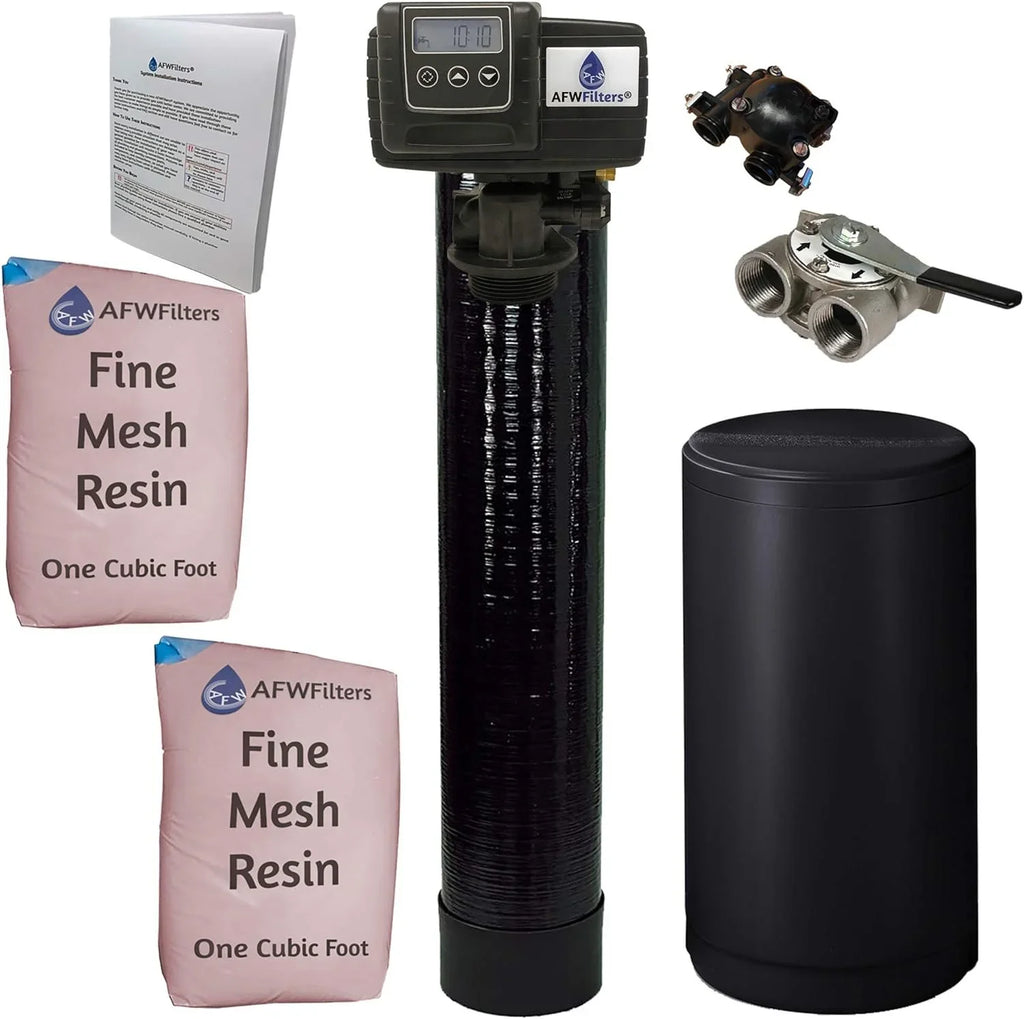 AFWFilters 2 cubic Foot 64k Whole Home Iron Pro Water Softener with Fine Mesh Resin,1" Stainless Steel  Connection, and Black Tanks