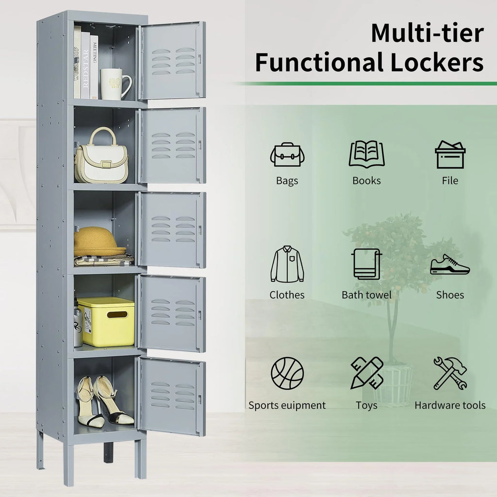 66" Metal Storage Cabinet Locker for School, Gym, Home Office, Steel Locker Cabinet With 5 Doors for Employees, Students