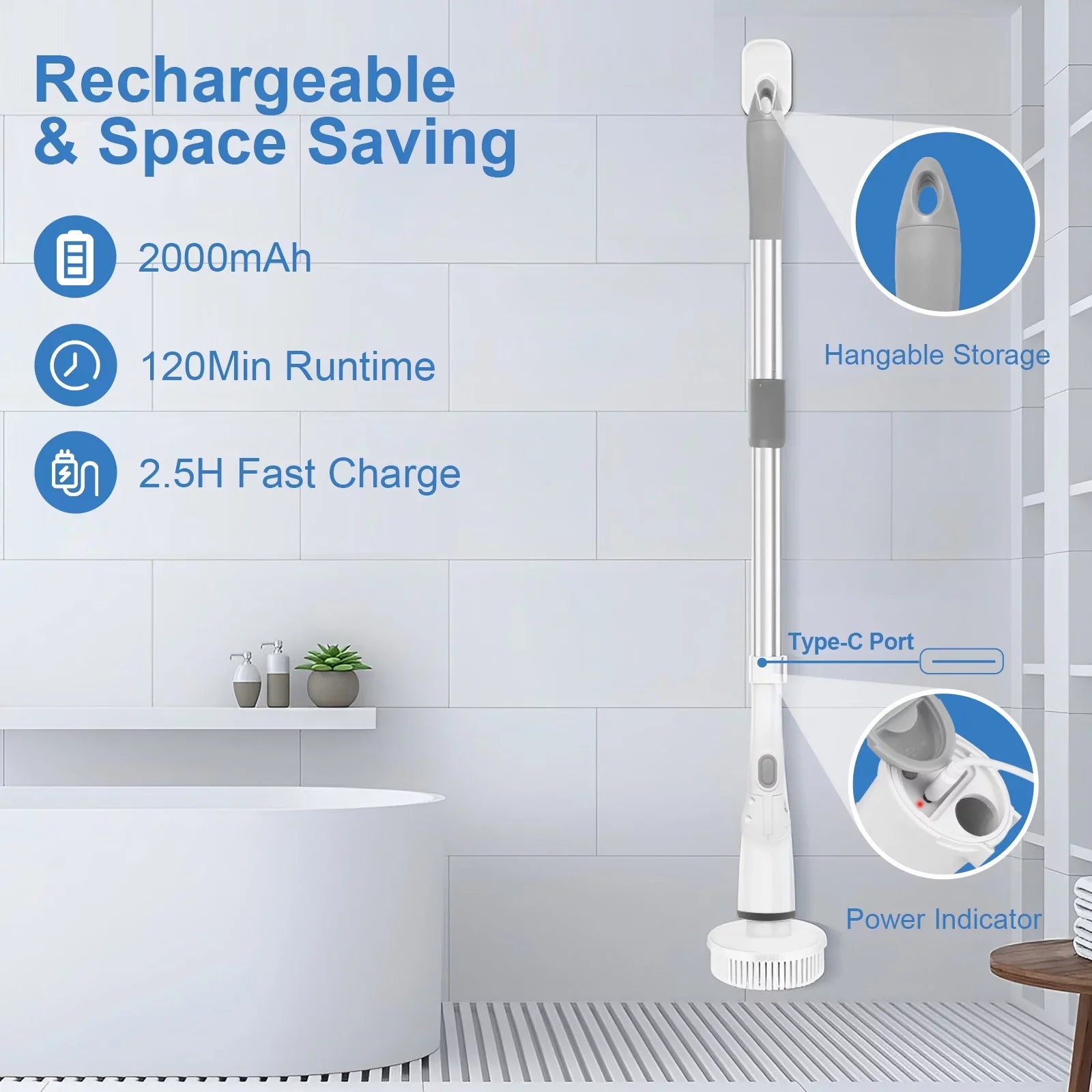 Fixdono Electric Spin Scrubber, 6 Replaceable Cleaning Heads Cordless Cleaning Brush, Bathroom Scrubber for Bathtub, Tile, Floor