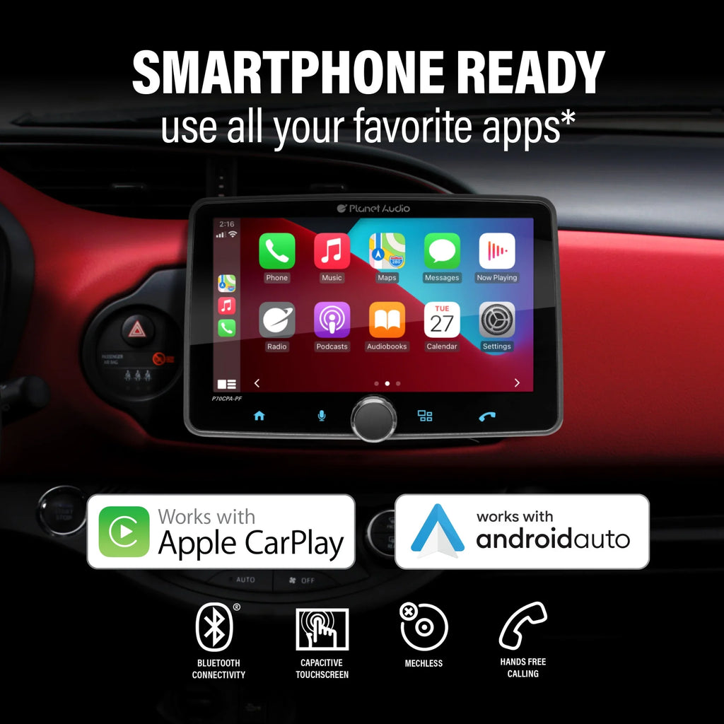 Planet Audio - Car Stereo - Apple CarPlay, Android Auto, Single Din, 7 Inch Touchscreen, Bluetooth, No   Player, / Radio Receiver, Backup Camera