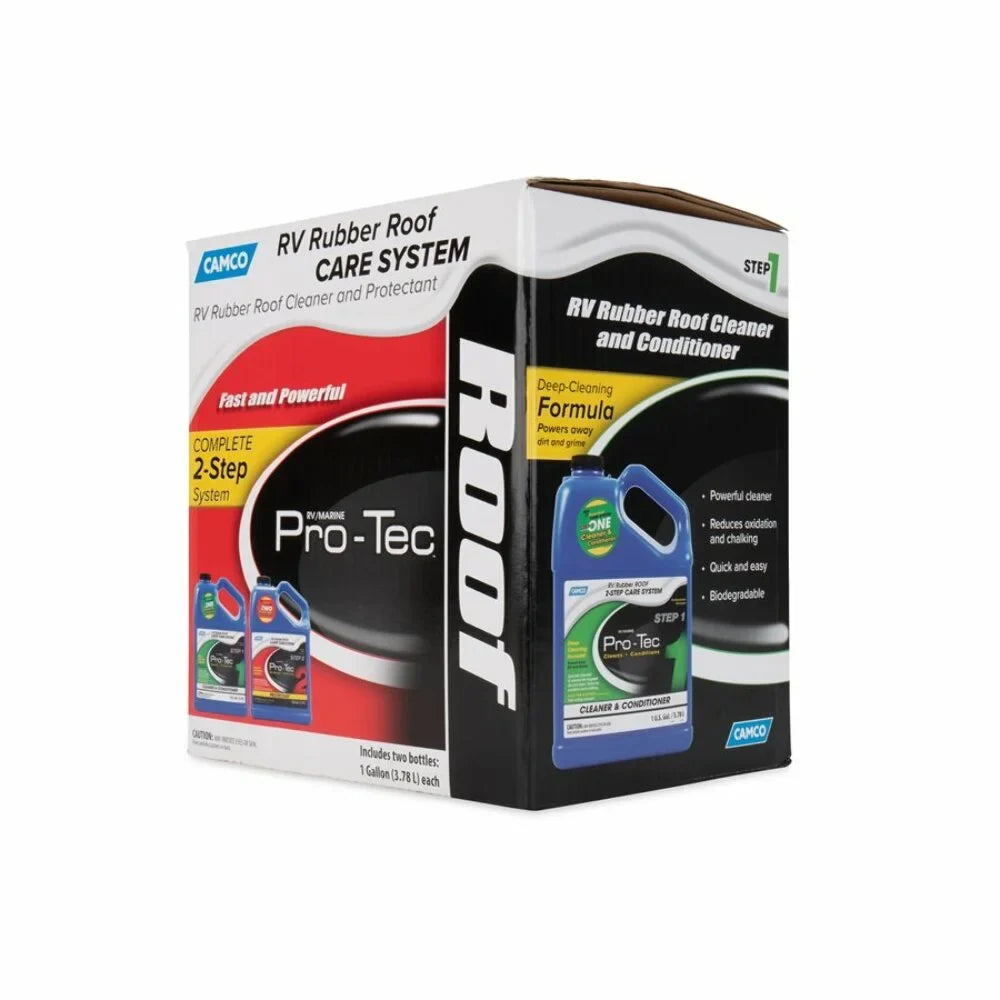 Camco Pro-Tec Camper/ Rubber Roof Care System | Two Step Treatment Rids Dirt/Grime & Reduces Roof Chalking | Extends the Life of  & Trailer Rubber Roofs - 2 Gallons (41453)