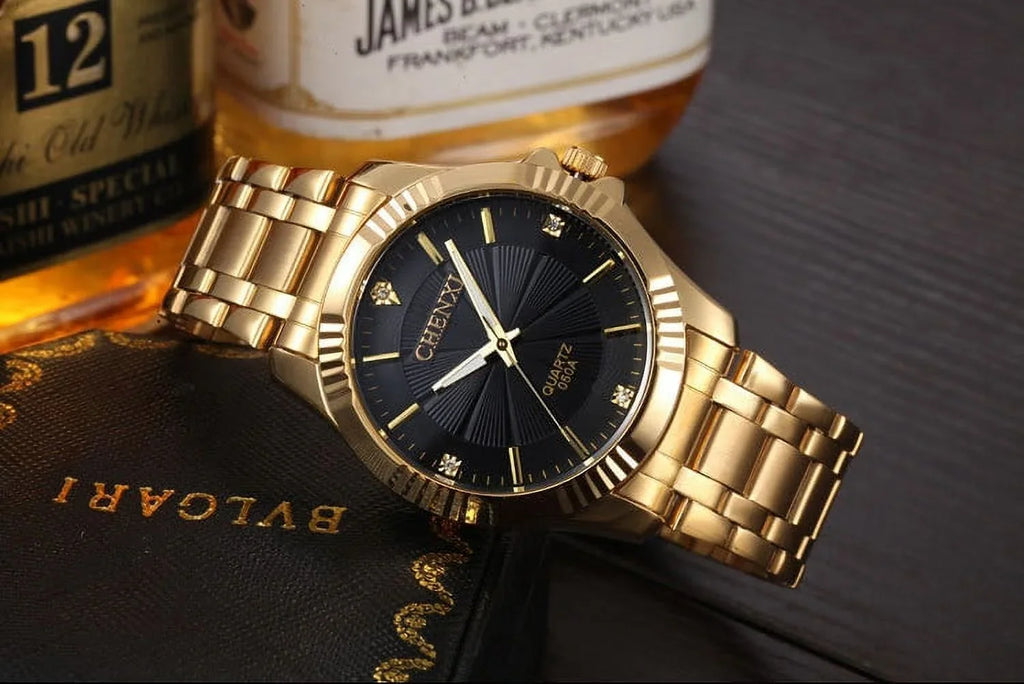 Brand Famous Noble Gentlmen Watch Classic Luxury Gold Stainless Steel Quartz Male Watches Fashion Delicate Gift Clock Men