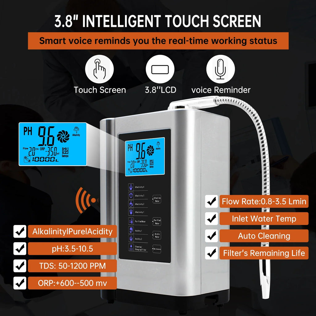 Alka Water Ionizer, Water Purifier Machine  3.5-10.5 Alkaline Acid Water Machine,Up to -500mV , 8000 Liters Per Filter,7 Water Settings,Auto-Cleaning,Intelligent Voice(Silver)