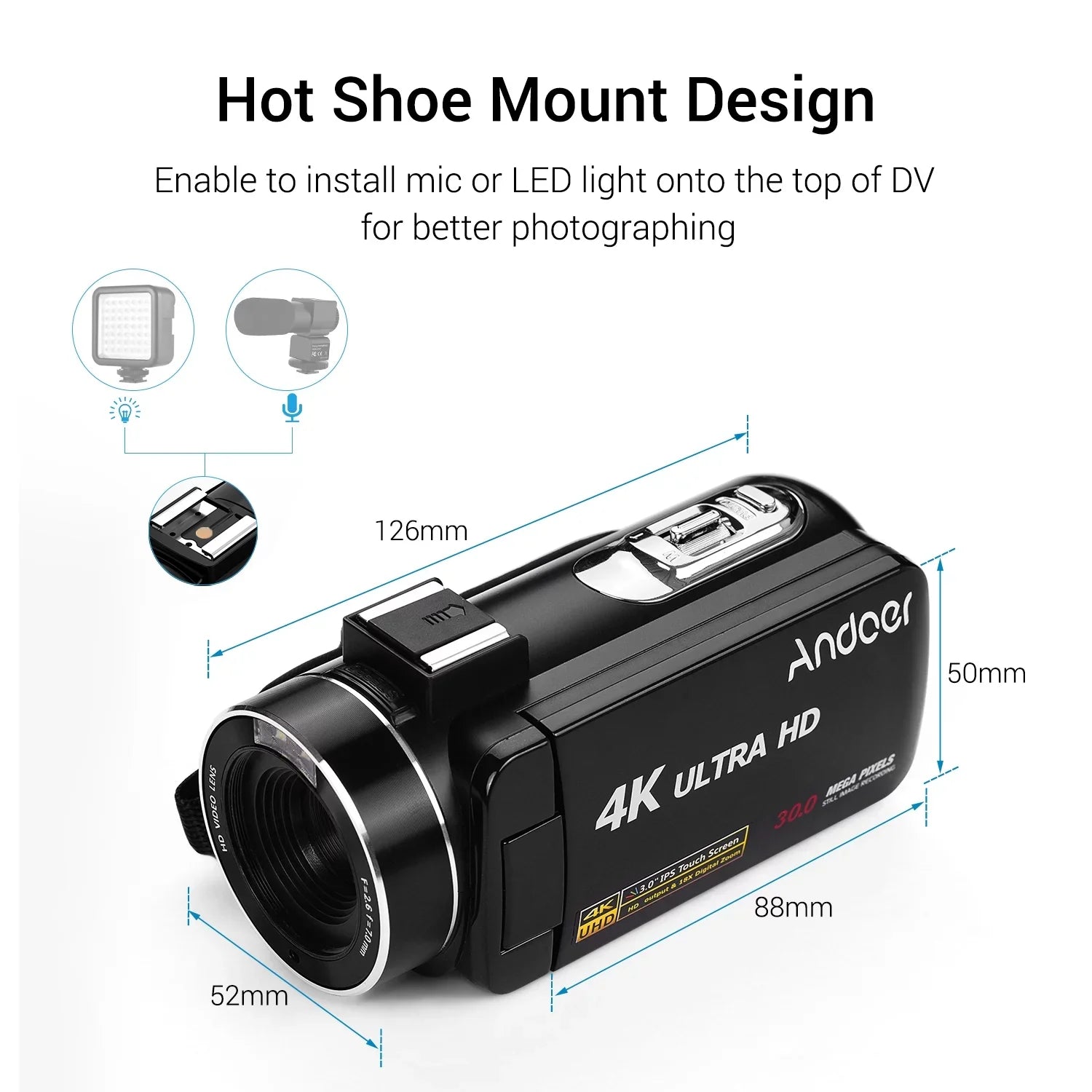Andoer 4K Handheld  Professional Digital Video  Sensor Camcorder with Hot Shoe for Mounting Microphone 3.0 Inch  Monitor Burst -Shaking Function