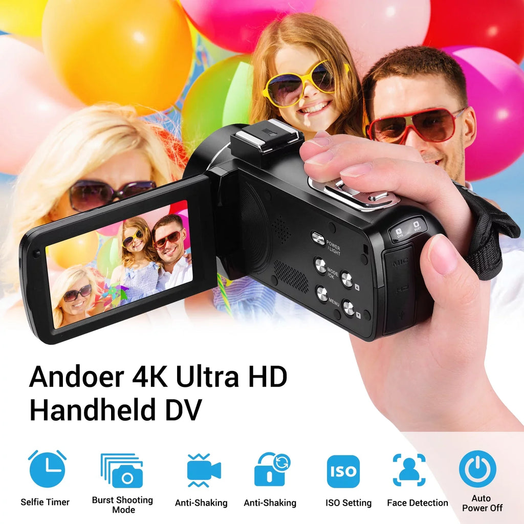 Andoer 4K Handheld  Professional Digital Video  Sensor Camcorder with Hot Shoe for Mounting Microphone 3.0 Inch  Monitor Burst -Shaking Function