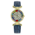 GlassOfVenice Murano Glass Millefiori Watch with Leather Band - Blue Multicolor