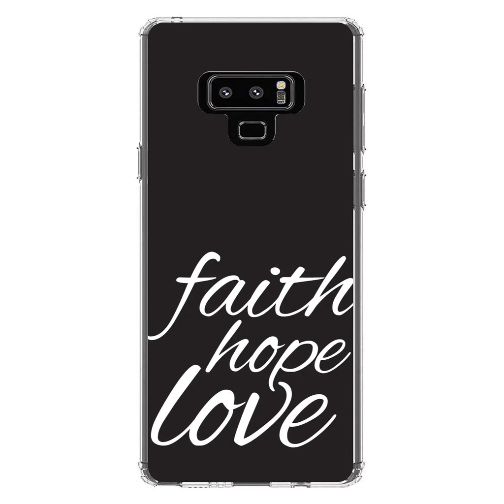 DistinctInk Clear Shockproof Hybrid Case for Samsung Galaxy Note 9 -  Bumper, Acrylic Back, Tempered Glass Screen Protector - Faith / Hope / Love - Black & White - Christ