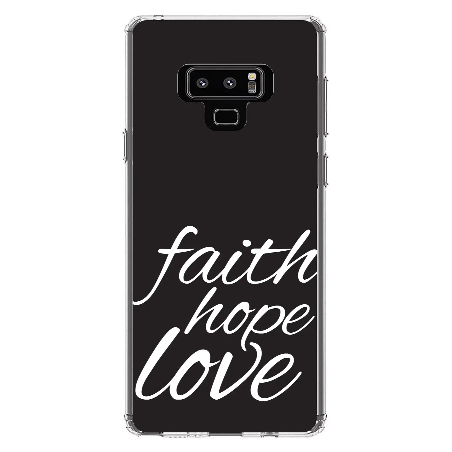DistinctInk Clear Shockproof Hybrid Case for Samsung Galaxy Note 9 -  Bumper, Acrylic Back, Tempered Glass Screen Protector - Faith / Hope / Love - Black & White - Christ