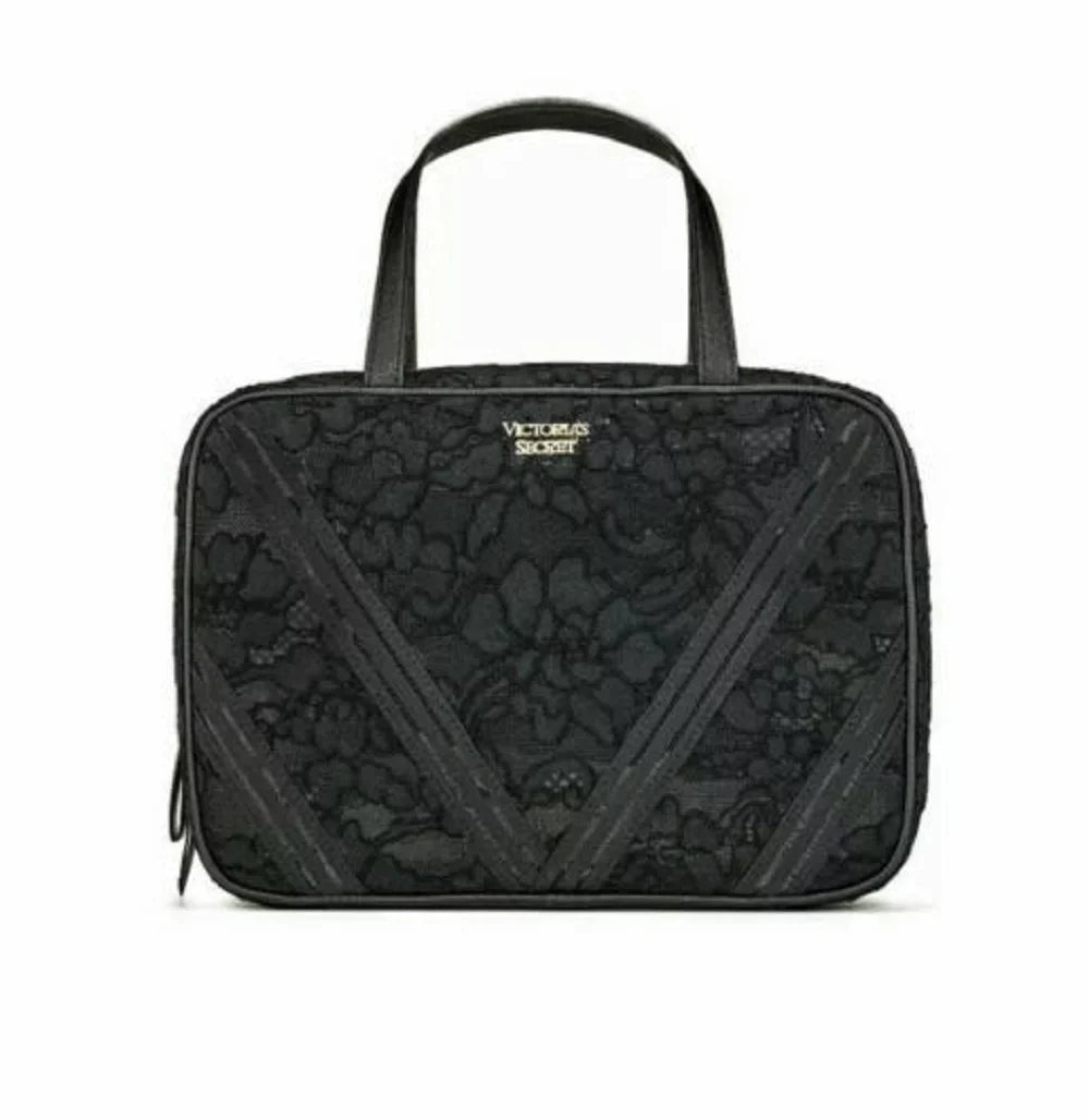 Victoria's Secret Floral Lace Jetsetter Travel Case Bag Black & Clear Cosmetics