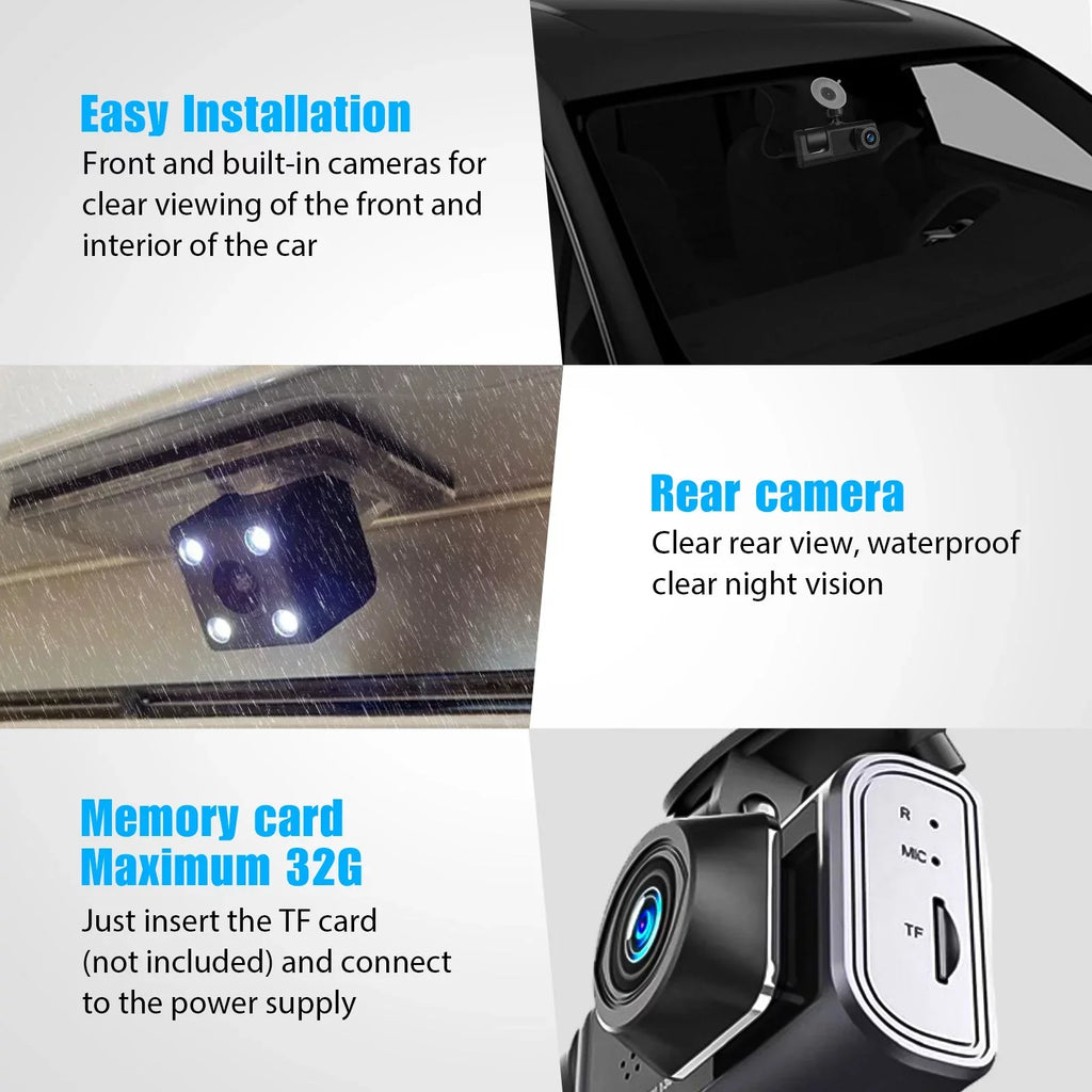 3 Channel Dash Cam Front and Rear Inside /32GB  Card, Full  1080P Dash Camera for Cars, Dashcam Three Way Triple Car Camera / Night Vision, Loop Recording, -Sensor, Parking Monitor